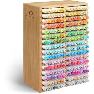 Ohuhu Bamboo Marker Organizer, Wooden Desktop Storage Hold 126 Markers, Pens, Pencils, Art Brushes Stationary Organizer Pencil Holder with 18 Compartments for Home, Classroom, Office Decor(Rounded Corner Hold 224 Markers)