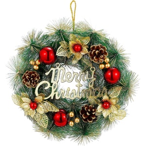 Ohuhu Christmas Wreath, Artificial Christmas Wreaths, Xmas Pine Wreath Garland, Wall Hanging with Gold Leaves, Red Balls, Pine Cones for Front Door Christmas Decorations