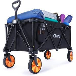 Ohuhu Collapsible Folding Wagon Cart: Durable Foldable Wagons with Brake Function 220 LB Capacity Utility Outdoor Grocery Shopping Carts with Removable Wheels 2 Drink Holders for Garden Camping Picnic