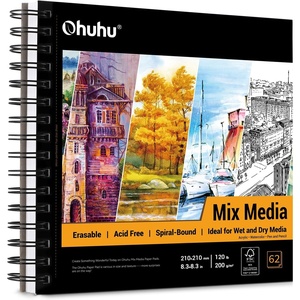 Ohuhu Mix Media Pad, 7″ x 10″ Mixed Media Art Sketchbook, 120 LB/200 GSM Heavyweight Papers, 62 Sheets/124 Pages, Spiral Bound Mixed Media Paper Pad for Acrylic, Painting Christmas Gift(8.3″ x 8.3″)
