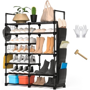 Ohuhu Shoe Rack, 7 Tiers 30 Pairs Metal Black Shoe Shelf Racks Boot Shoes Organizer Storage Free Standing Shoe Tower for Closet Entryway or Outdoor with 2 Side Hooks 3 Pockets Bag Room Organizer