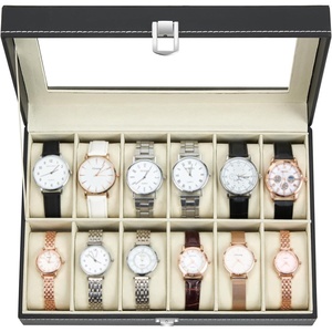 Ohuhu Watch Case 12 Slot PU Leather Real Glass Lid Watch Box Watch Holder Organizer Display Storage Box Soft Velvet Jewelry Box for Men and Women Birthday Fathers Day Valentine’s Day Gifts