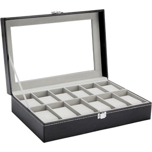 Ohuhu Watch Case Watch Box Watch Holder for Men 12 Slot PU Leather Watch Holder Real Glass Lid Jewelry Organizer Storage Soft Velvet Watch Display Case for Men Women Fathers Day Valentine’s Day Gifts