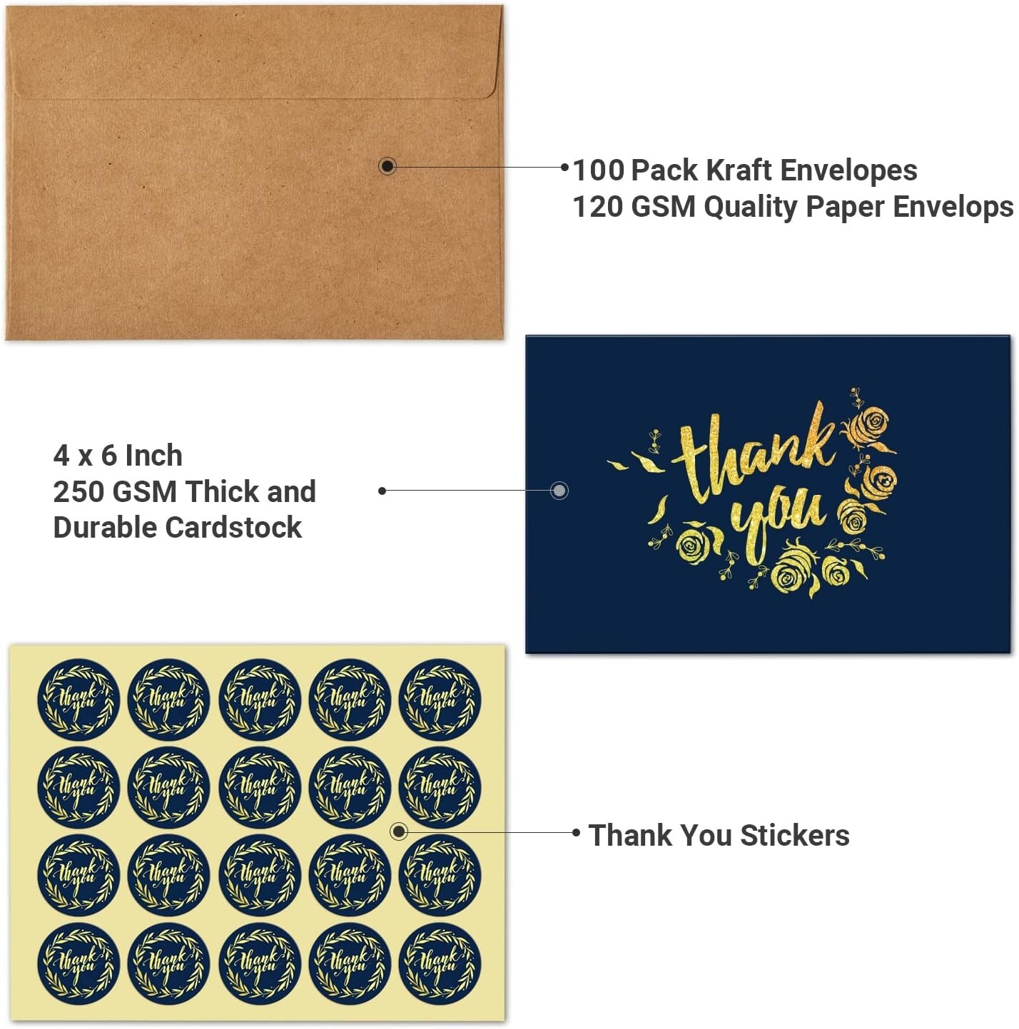 image:image100 Thank You Cards Bulk Navy Blue and Gold Designs Thank You Notes Box Set with SelfSeal Envelopes and Stickers Elegant 8 Design Greeting Card for Wedding Baby Shower Business Graduation Birthday