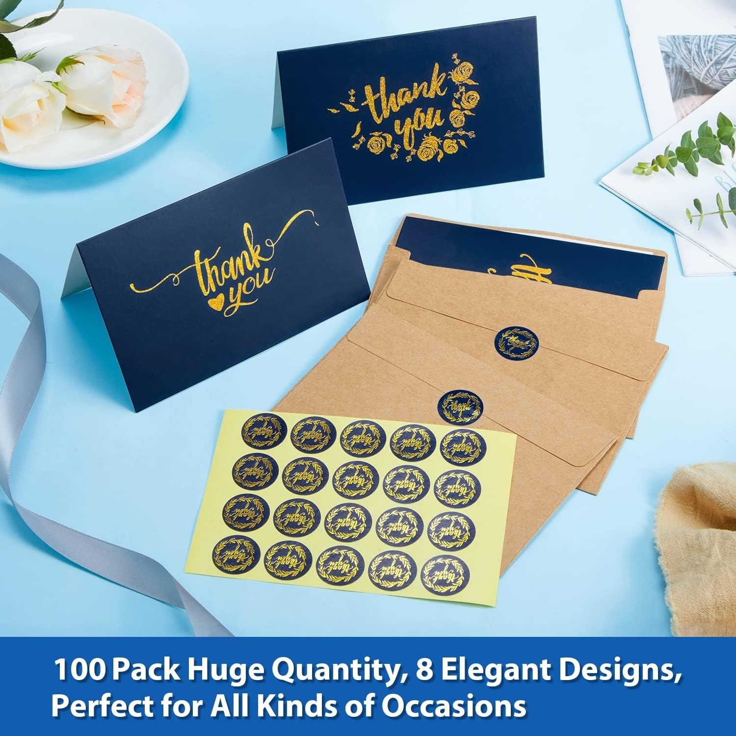 image:image100 Thank You Cards Bulk Navy Blue and Gold Designs Thank You Notes Box Set with SelfSeal Envelopes and Stickers Elegant 8 Design Greeting Card for Wedding Baby Shower Business Graduation Birthday