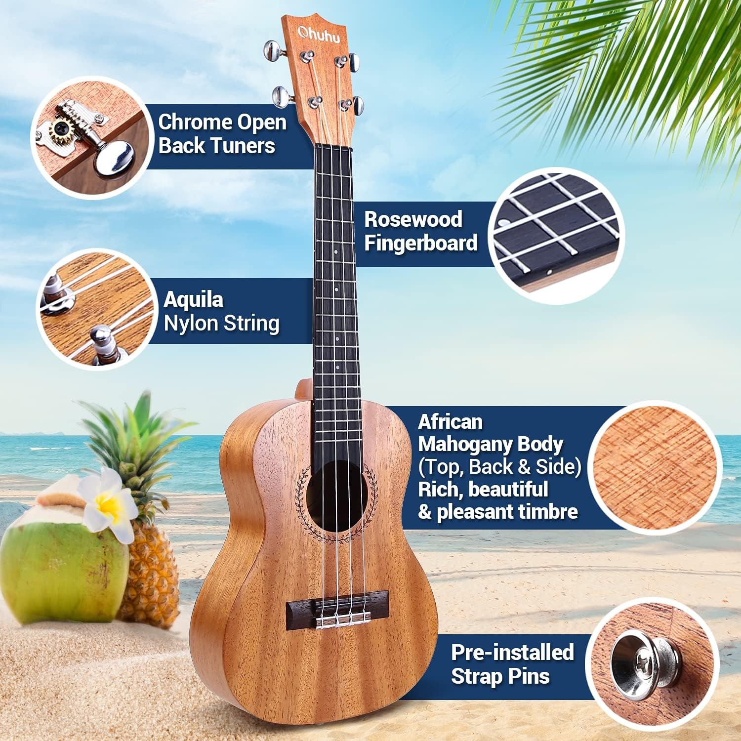 image:image23 Inch Ukelele for Adults Ohuhu Concert Ukuleles for Uke Beginners with Ukalalee Backpack Style Gig Bag Ukelele Strap Strap Pins and Aquila Strings Installed for Mother Father Gift Idea