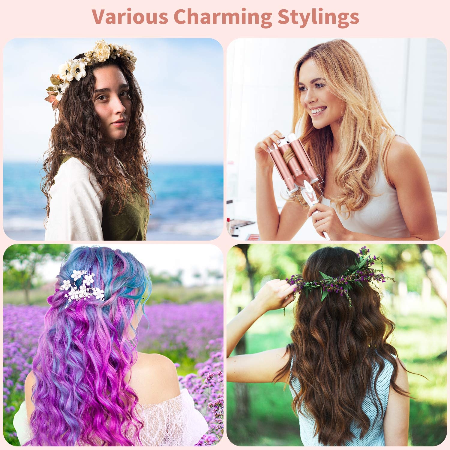 image:image3 Barrel Curling Iron Wand Ohuhu 1 Inch Ceramic Tourmaline Triple Barrels Hair Waver Curling Iron Temperature Adjustable Hair Waver Heats Up Quickly with LCD Temp Display Rose Gold Christmas Gift