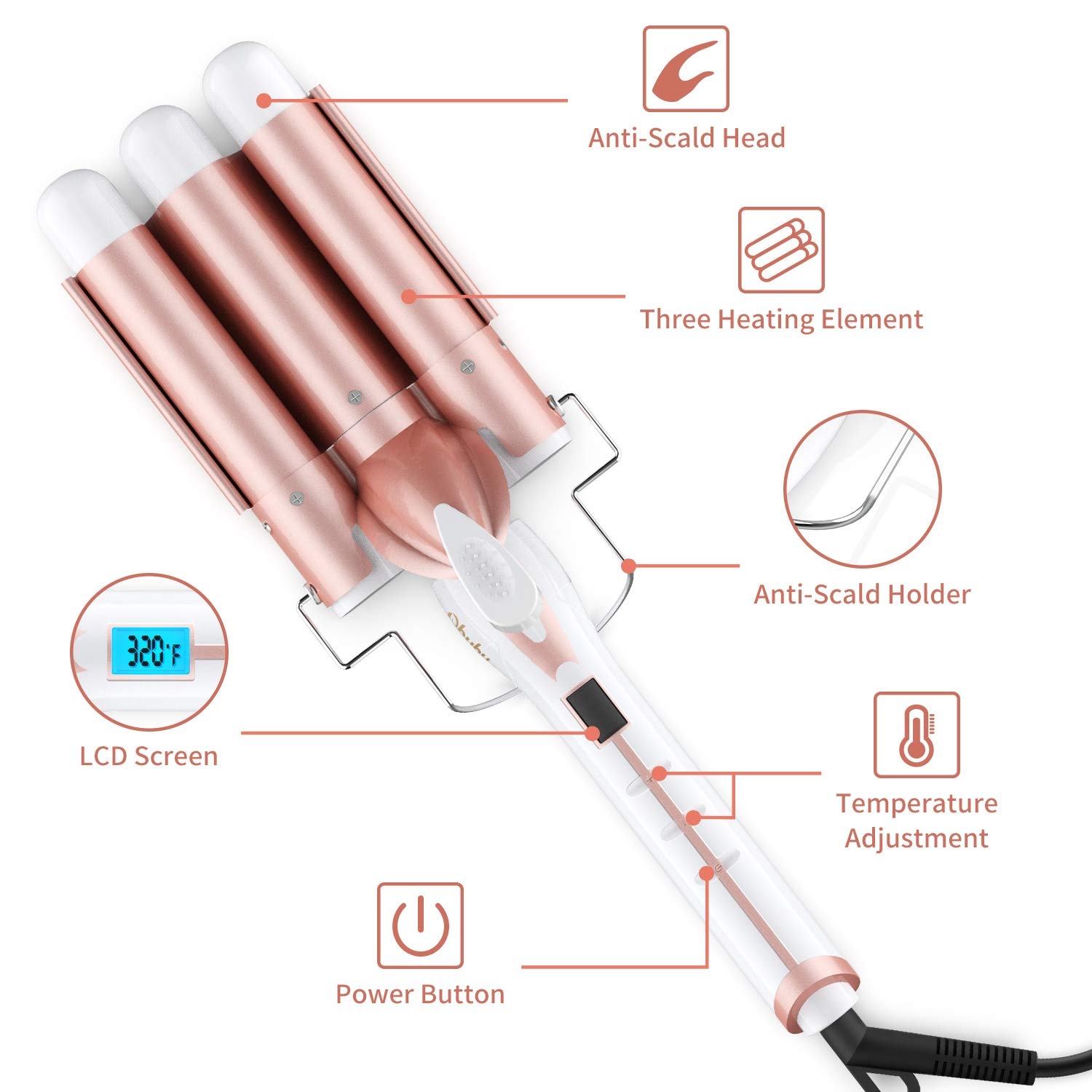 image:image3 Barrel Curling Iron Wand Ohuhu 1 Inch Ceramic Tourmaline Triple Barrels Hair Waver Curling Iron Temperature Adjustable Hair Waver Heats Up Quickly with LCD Temp Display Rose Gold Christmas Gift