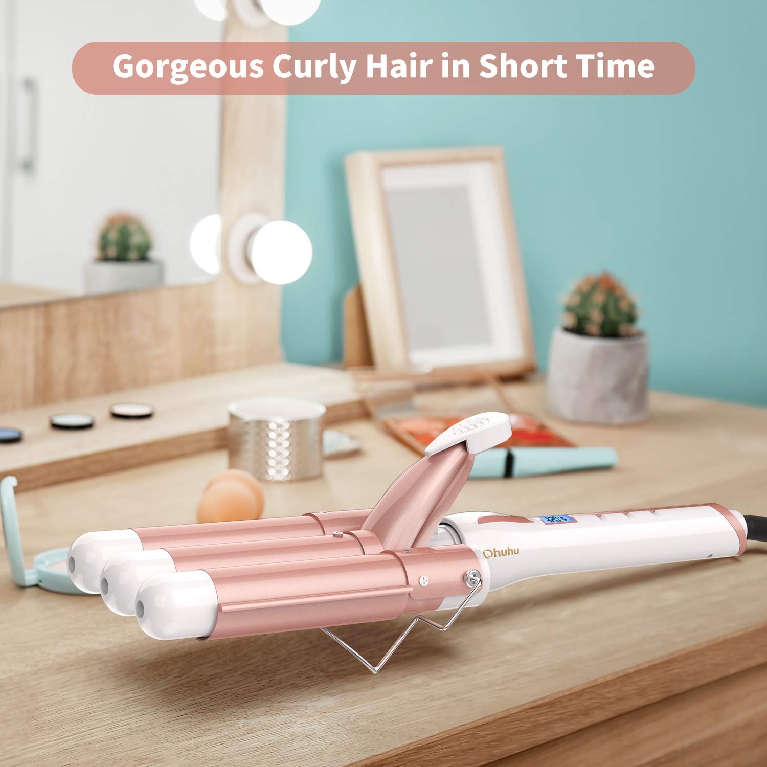 image:image3 Barrel Curling Iron Wand Ohuhu 1 Inch Ceramic Tourmaline Triple Barrels Hair Waver Curling Iron Temperature Adjustable Hair Waver Heats Up Quickly with LCD Temp Display Rose Gold Christmas Gift