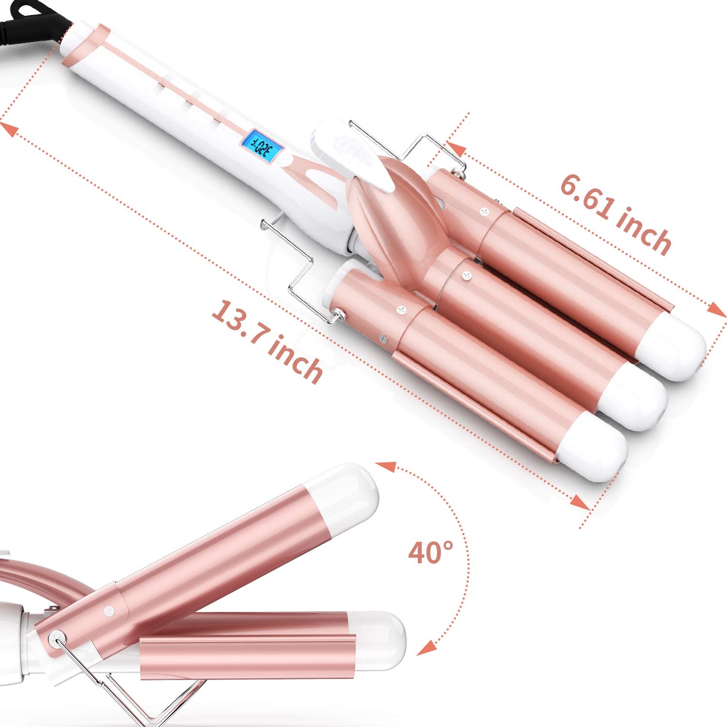 image:image3 Barrel Curling Iron Wand Ohuhu 1 Inch Ceramic Tourmaline Triple Barrels Hair Waver Curling Iron Temperature Adjustable Hair Waver Heats Up Quickly with LCD Temp Display Rose Gold Christmas Gift