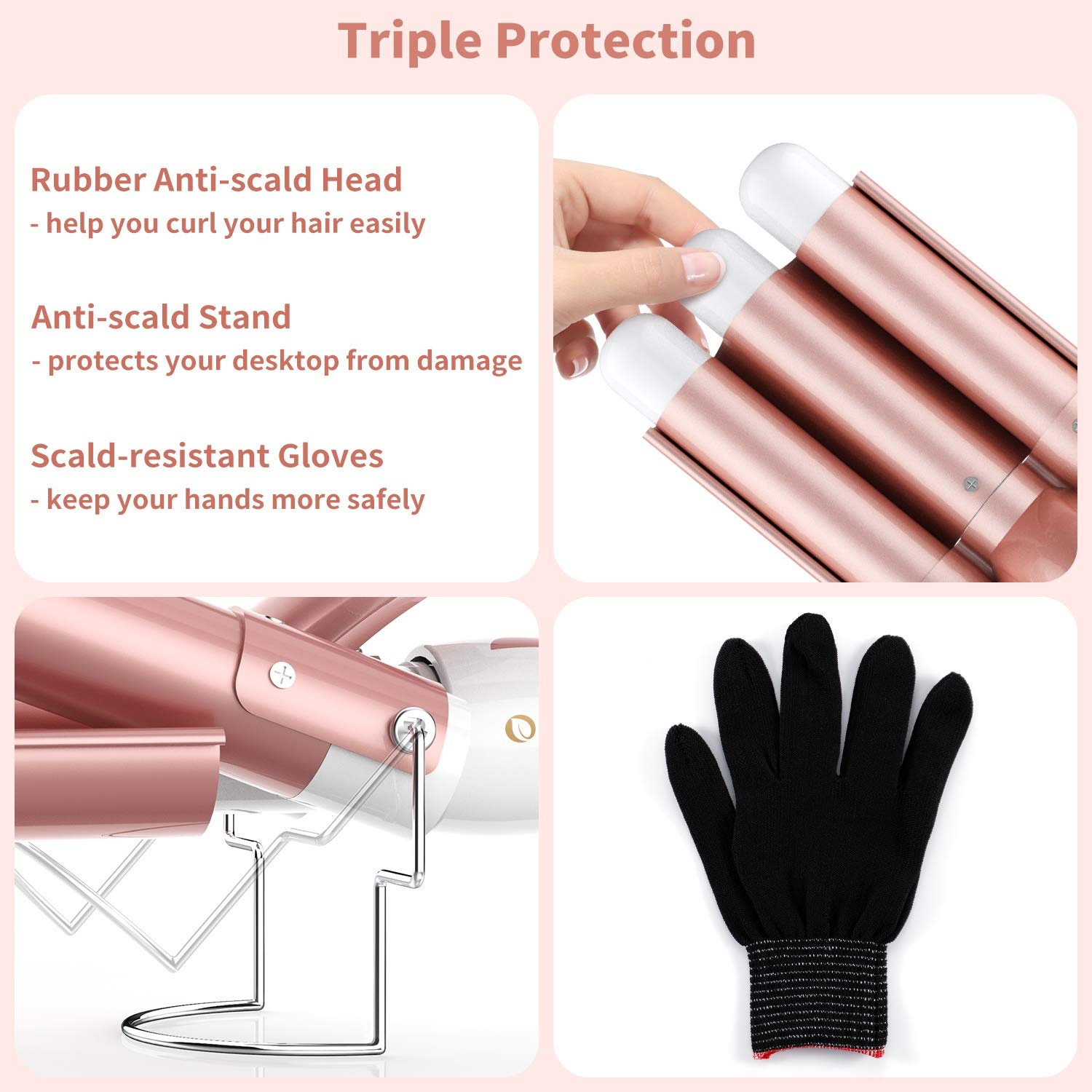 image:image3 Barrel Curling Iron Wand Ohuhu 1 Inch Ceramic Tourmaline Triple Barrels Hair Waver Curling Iron Temperature Adjustable Hair Waver Heats Up Quickly with LCD Temp Display Rose Gold Christmas Gift