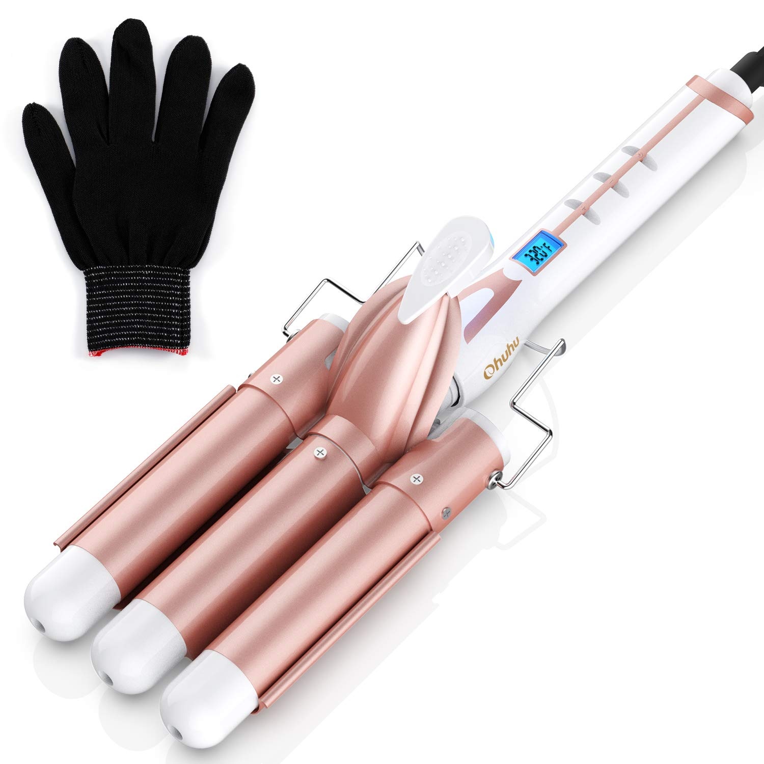 image:image3 Barrel Curling Iron Wand Ohuhu 1 Inch Ceramic Tourmaline Triple Barrels Hair Waver Curling Iron Temperature Adjustable Hair Waver Heats Up Quickly with LCD Temp Display Rose Gold Christmas Gift