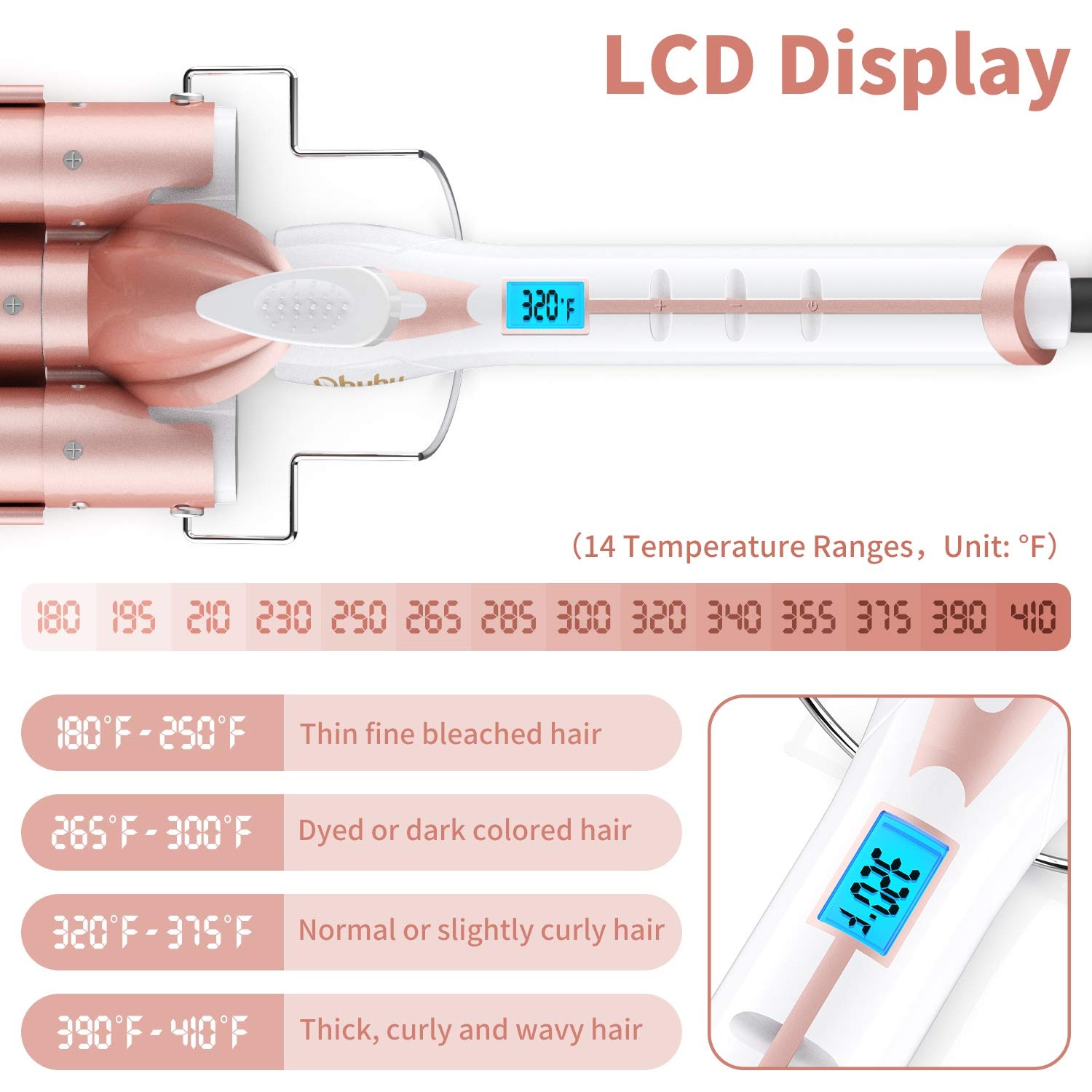 image:image3 Barrel Curling Iron Wand Ohuhu 1 Inch Ceramic Tourmaline Triple Barrels Hair Waver Curling Iron Temperature Adjustable Hair Waver Heats Up Quickly with LCD Temp Display Rose Gold Christmas Gift