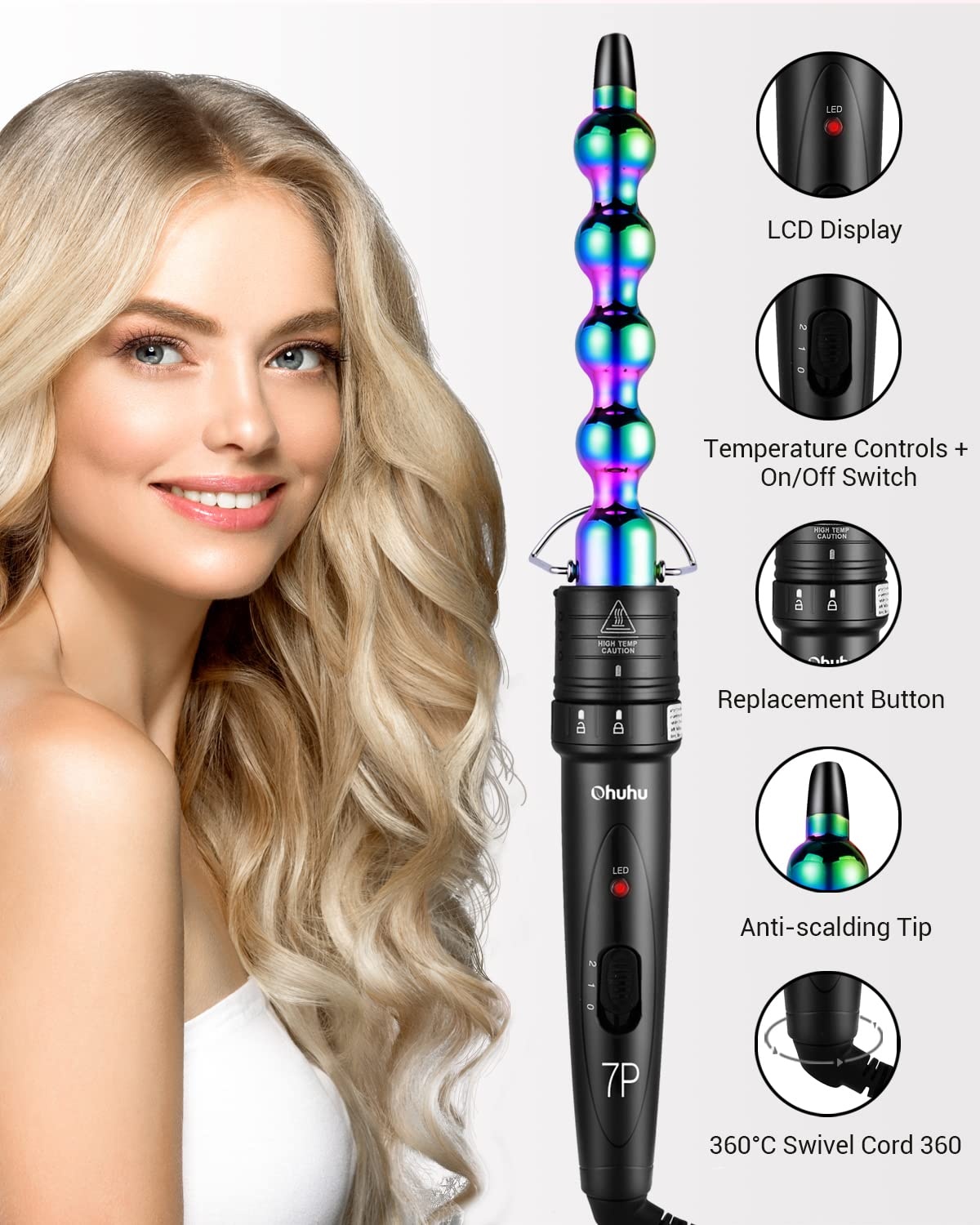 image:image7 in 1 Curling Iron Wand Set Ohuhu Upgrade Curling Wand with 7Pcs 035 to 125 Inch Interchangeable Ceramic Barrels and Heat Protective Glove Gifts Rainbow Color