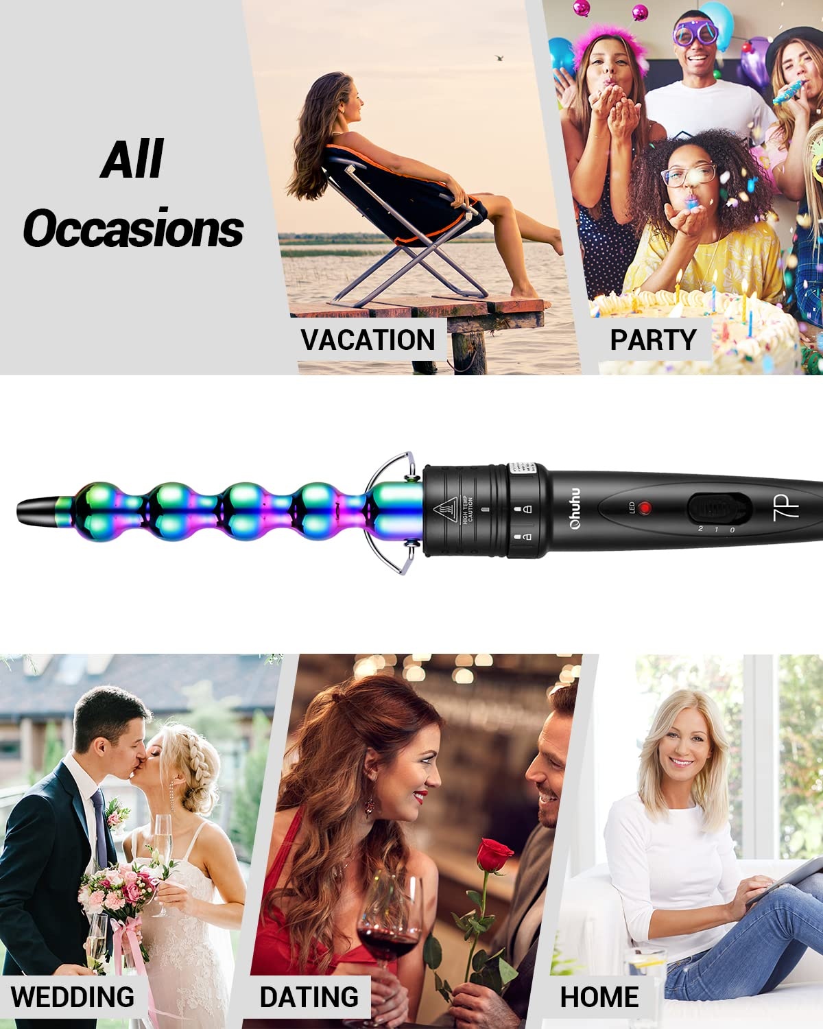 image:image7 in 1 Curling Iron Wand Set Ohuhu Upgrade Curling Wand with 7Pcs 035 to 125 Inch Interchangeable Ceramic Barrels and Heat Protective Glove Gifts Rainbow Color