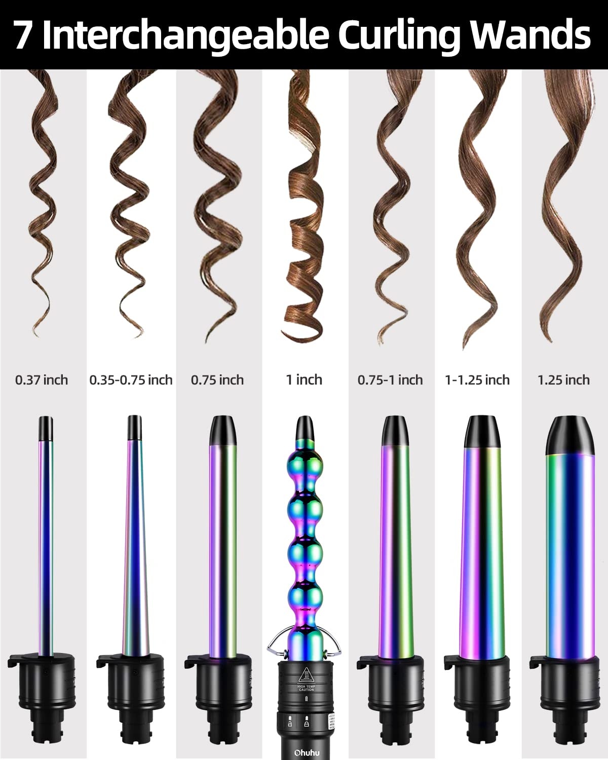 image:image7 in 1 Curling Iron Wand Set Ohuhu Upgrade Curling Wand with 7Pcs 035 to 125 Inch Interchangeable Ceramic Barrels and Heat Protective Glove Gifts Rainbow Color