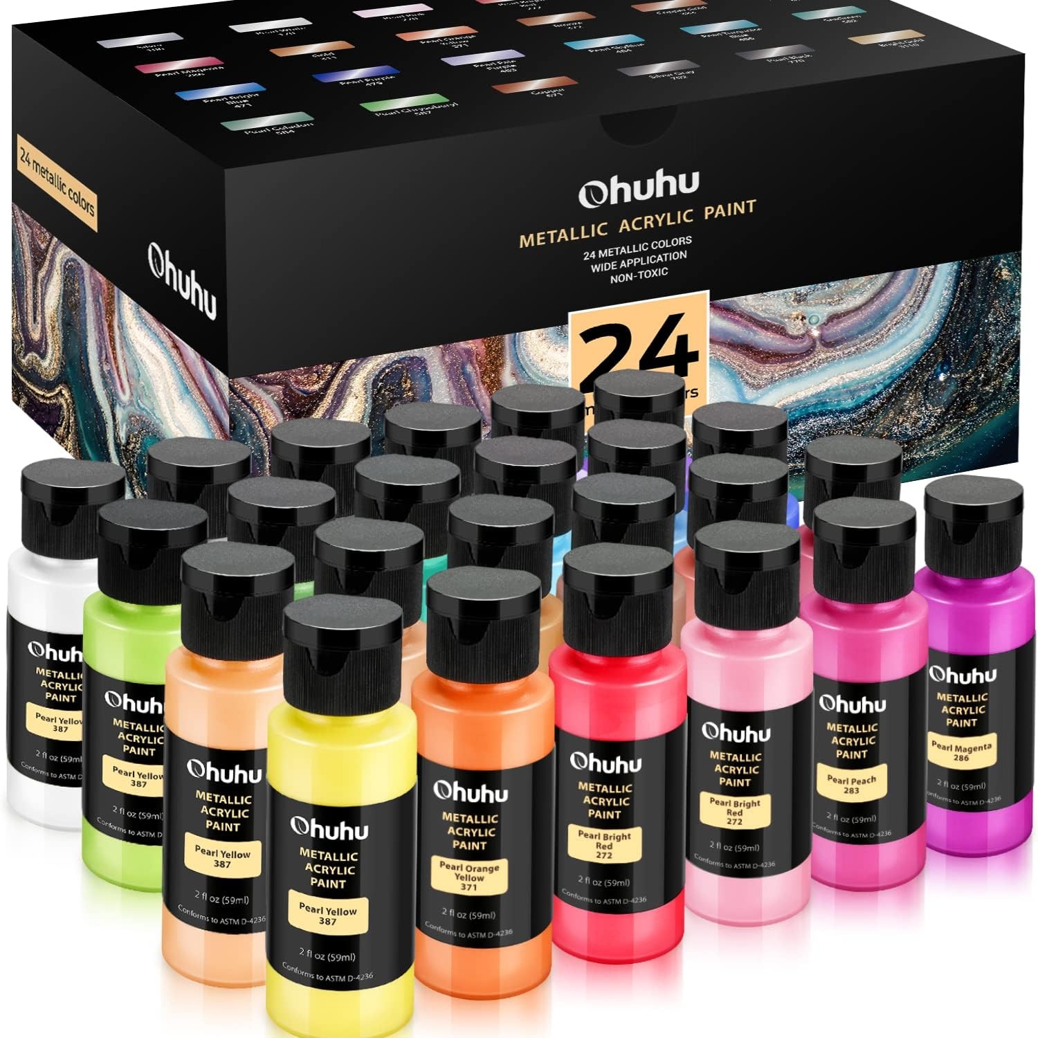 image:imageAcrylic Paint Set for Art Ohuhu 24 Colors 2 Ounce59ml Metallic Acrylic Paint Supplies for Wood Fabric Crafts Canvas LeatherampStone