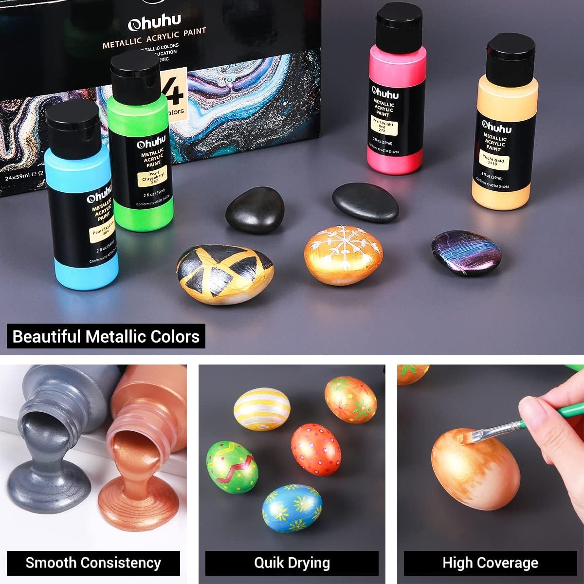 image:imageAcrylic Paint Set for Art Ohuhu 24 Colors 2 Ounce59ml Metallic Acrylic Paint Supplies for Wood Fabric Crafts Canvas LeatherampStone