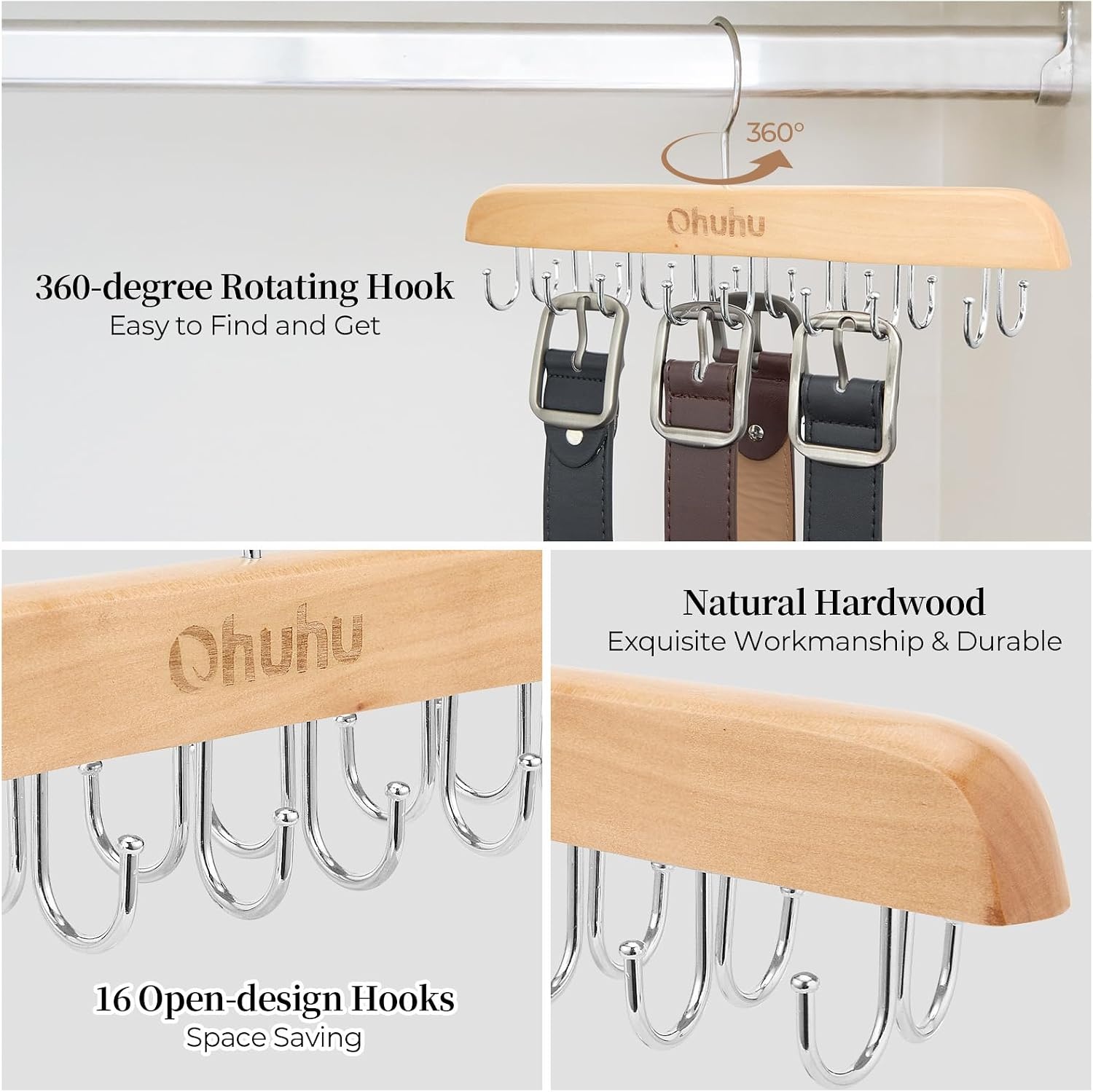 image:imageBelt Hanger Organizer for Closet Ohuhu 16 Hooks Max 48 Belts Tie Rack Wooden Belt Holder for Storage 360 Degree Rotating Space Saver Organizer for Men Women Belt Tie Scarf AccessoriesBurlywood