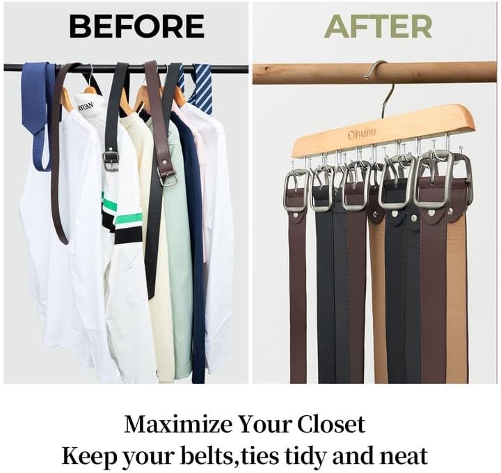 image:imageBelt Hanger Organizer for Closet Ohuhu 16 Hooks Max 48 Belts Tie Rack Wooden Belt Holder for Storage 360 Degree Rotating Space Saver Organizer for Men Women Belt Tie Scarf AccessoriesBurlywood