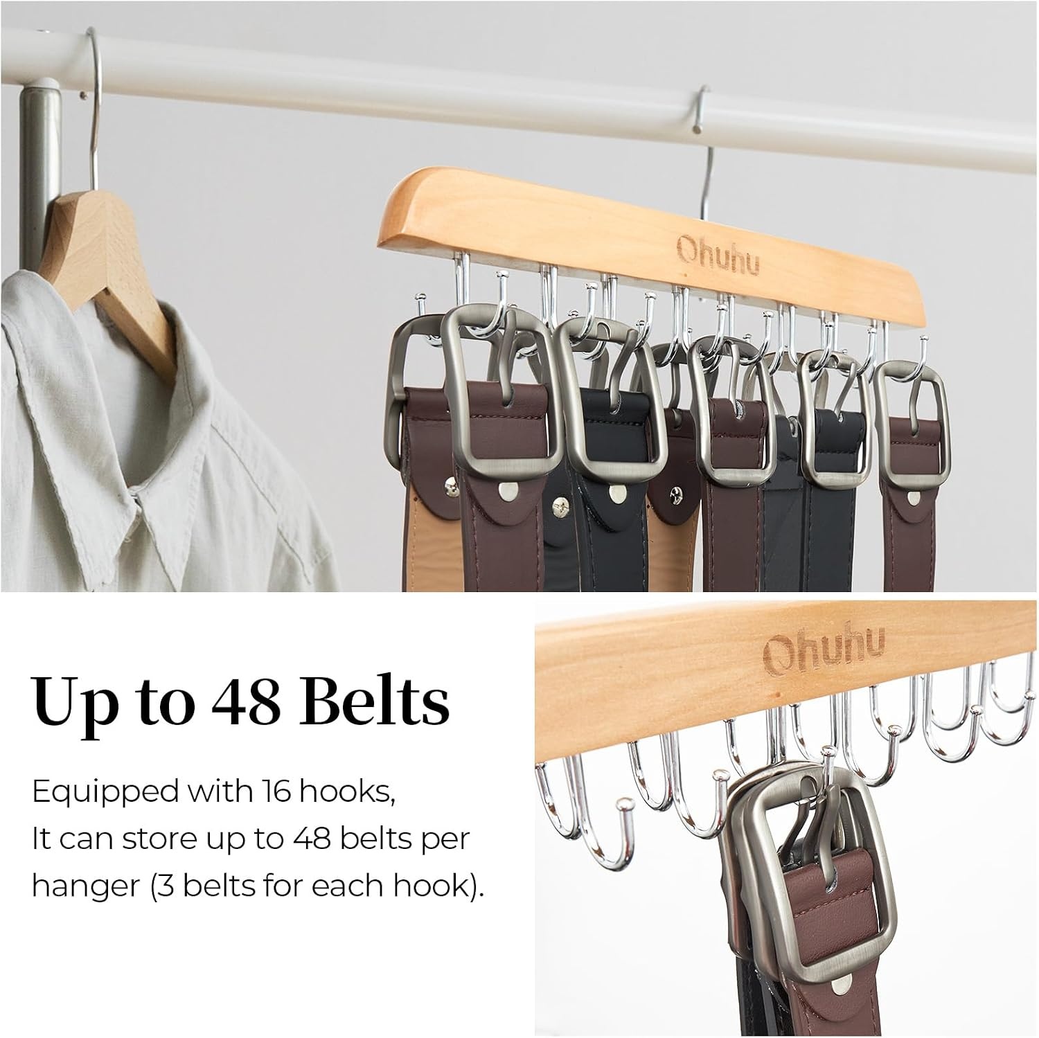 image:imageBelt Hanger Organizer for Closet Ohuhu 16 Hooks Max 48 Belts Tie Rack Wooden Belt Holder for Storage 360 Degree Rotating Space Saver Organizer for Men Women Belt Tie Scarf AccessoriesBurlywood
