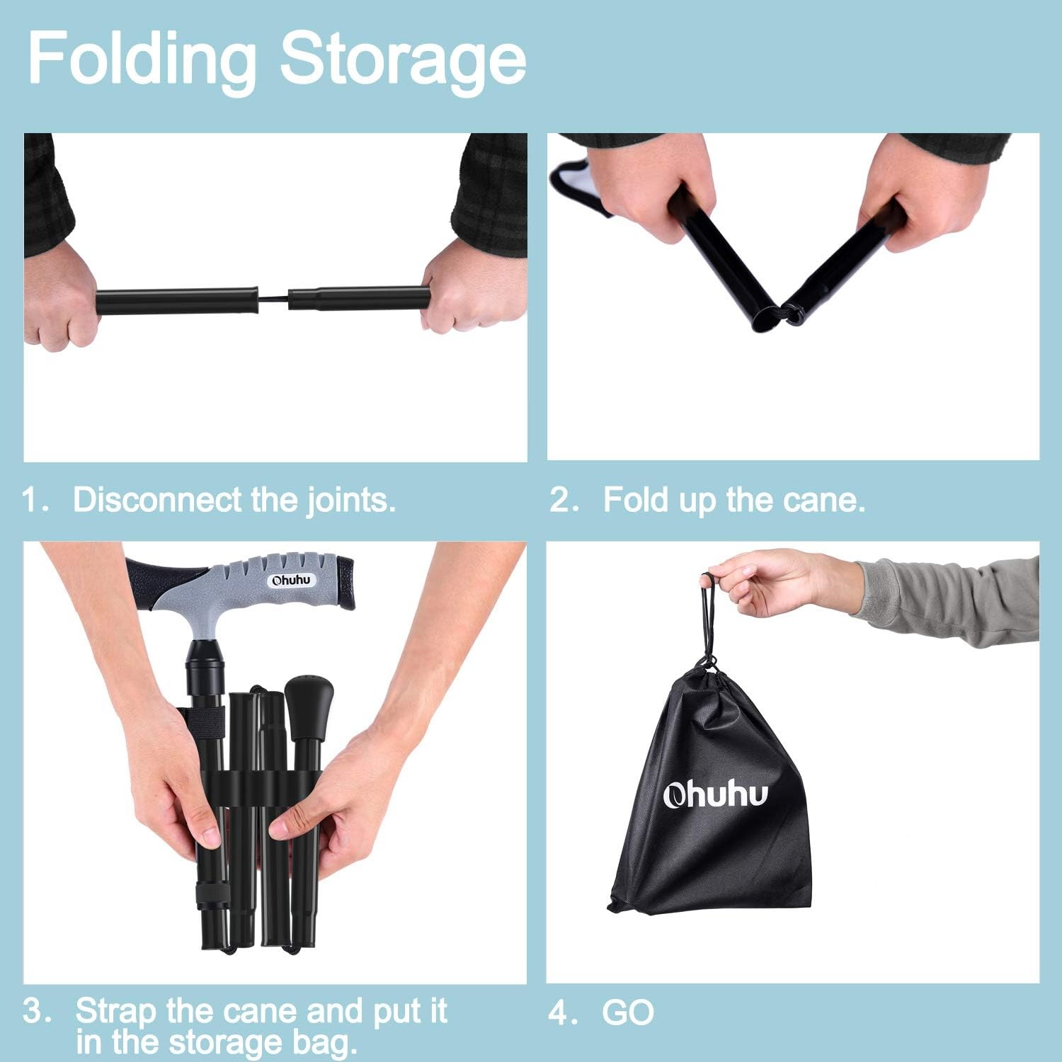 image:imageFolding Cane Ohuhu Adjustable Foldable Walking Cane for Men Women with 5 Adjustable Heights Collapsible Lightweight Balancing Mobility Aid Portable Hand Cane Walking Stick for Father Mother Gift