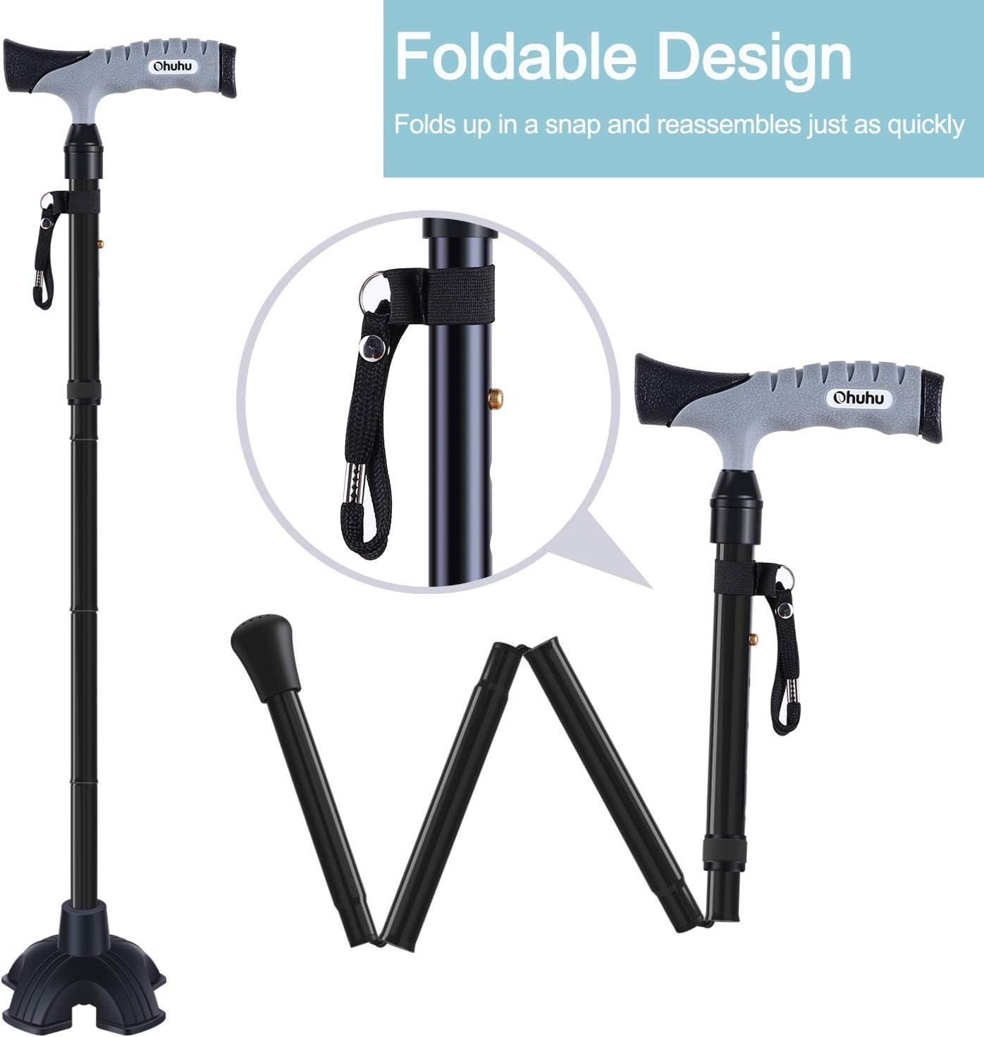 image:imageFolding Cane Ohuhu Adjustable Foldable Walking Cane for Men Women with 5 Adjustable Heights Collapsible Lightweight Balancing Mobility Aid Portable Hand Cane Walking Stick for Father Mother Gift