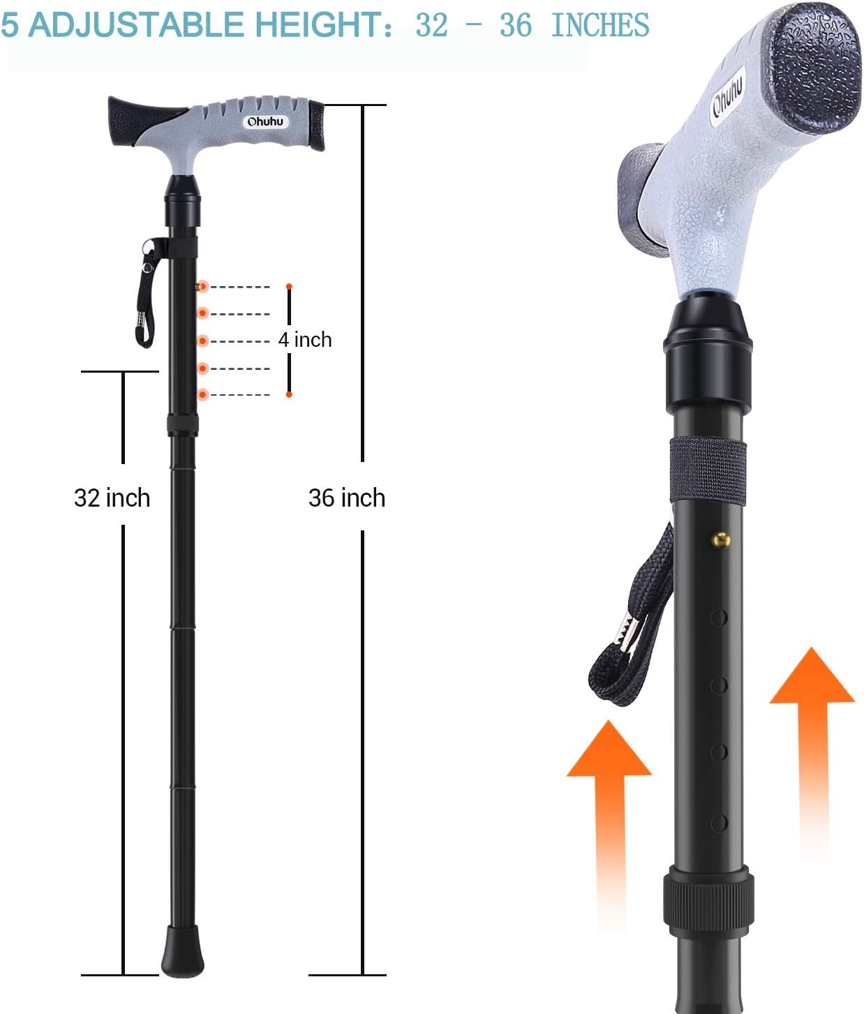image:imageFolding Cane Ohuhu Adjustable Foldable Walking Cane for Men Women with 5 Adjustable Heights Collapsible Lightweight Balancing Mobility Aid Portable Hand Cane Walking Stick for Father Mother Gift