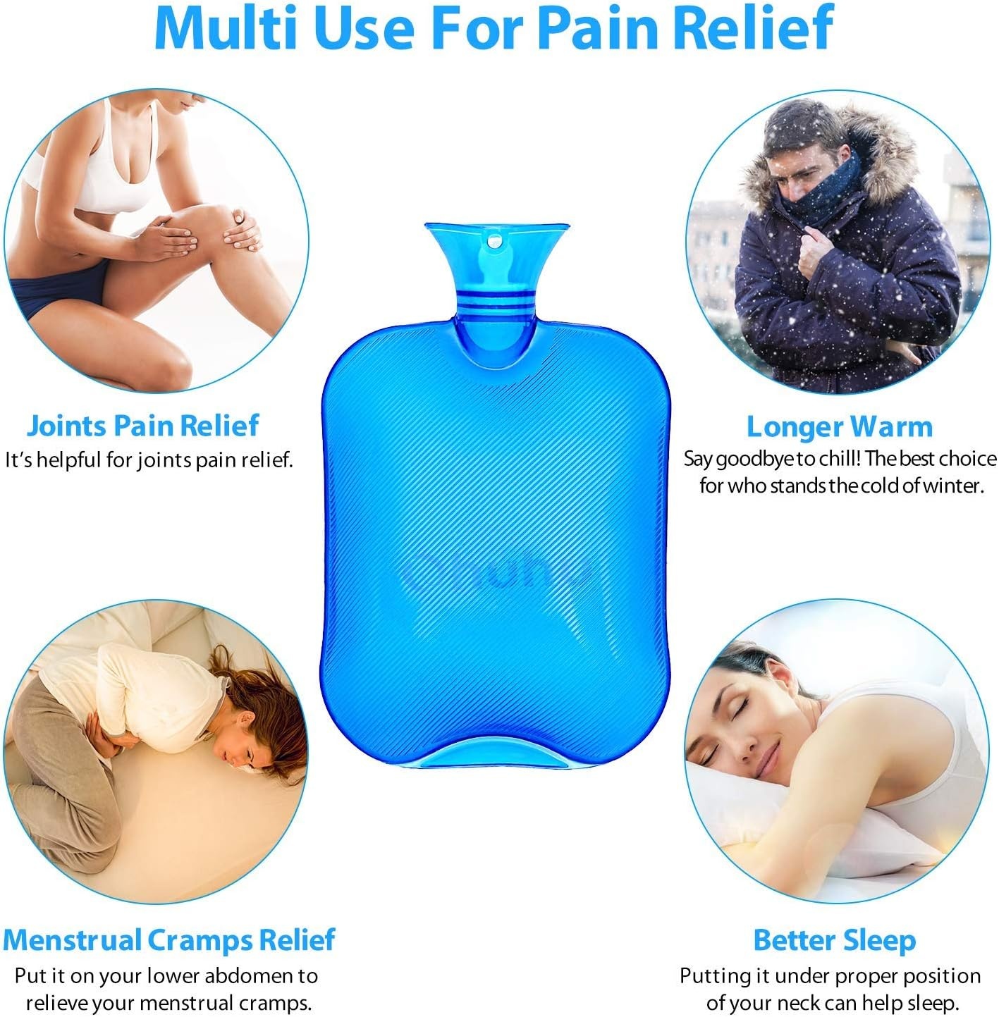 image:imageHot Water Bottle Ohuhu 2L Classic Premium Transparent Hot or Cold Water Bag for Pain Relief Hot Pack Therapy 2000ml 68oz Blue Home and Outdoor