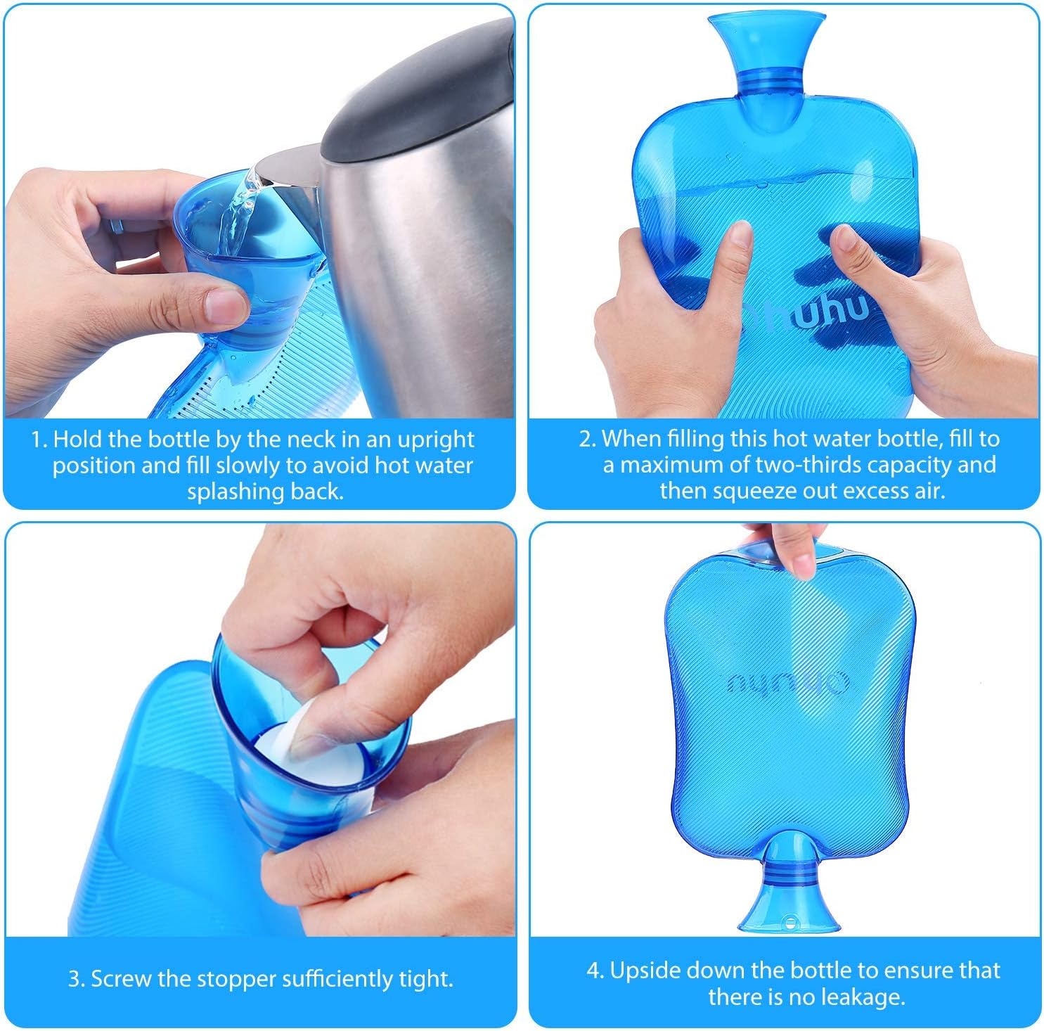 image:imageHot Water Bottle Ohuhu 2L Classic Premium Transparent Hot or Cold Water Bag for Pain Relief Hot Pack Therapy 2000ml 68oz Blue Home and Outdoor