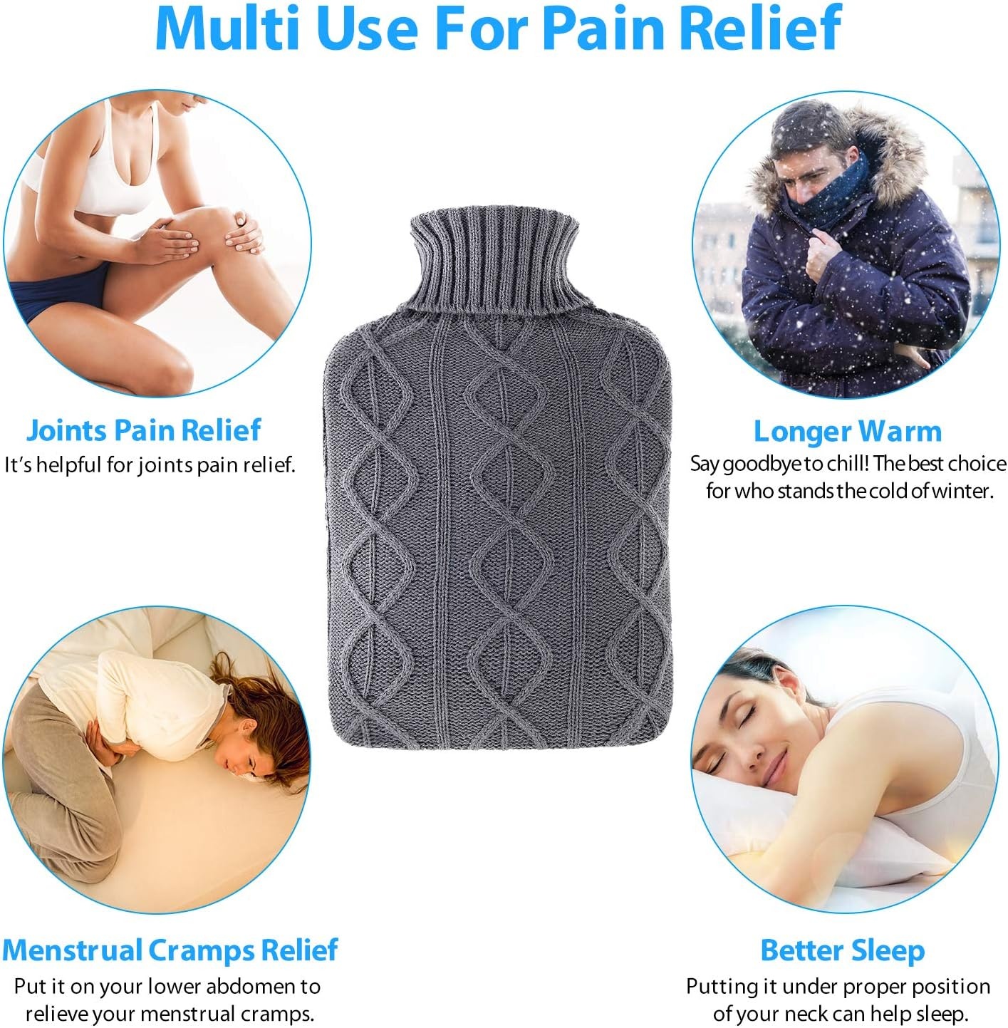 image:imageHot Water Bottle with Cover Ohuhu 2L Classic Premium Transparent Hot or Cold Water Bag with Knit Cover for Pain Relief Hot Pack Therapy 2000ml 68oz Blue Home and Outdoor