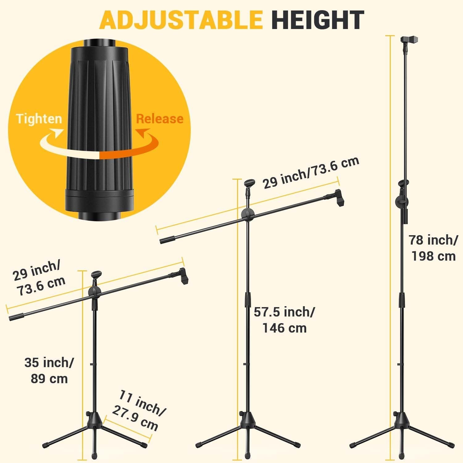 image:imageMicrophone Stand Ohuhu Tripod Mic Stand Boom with Mic Clips Height Adjustable Light Weight Black