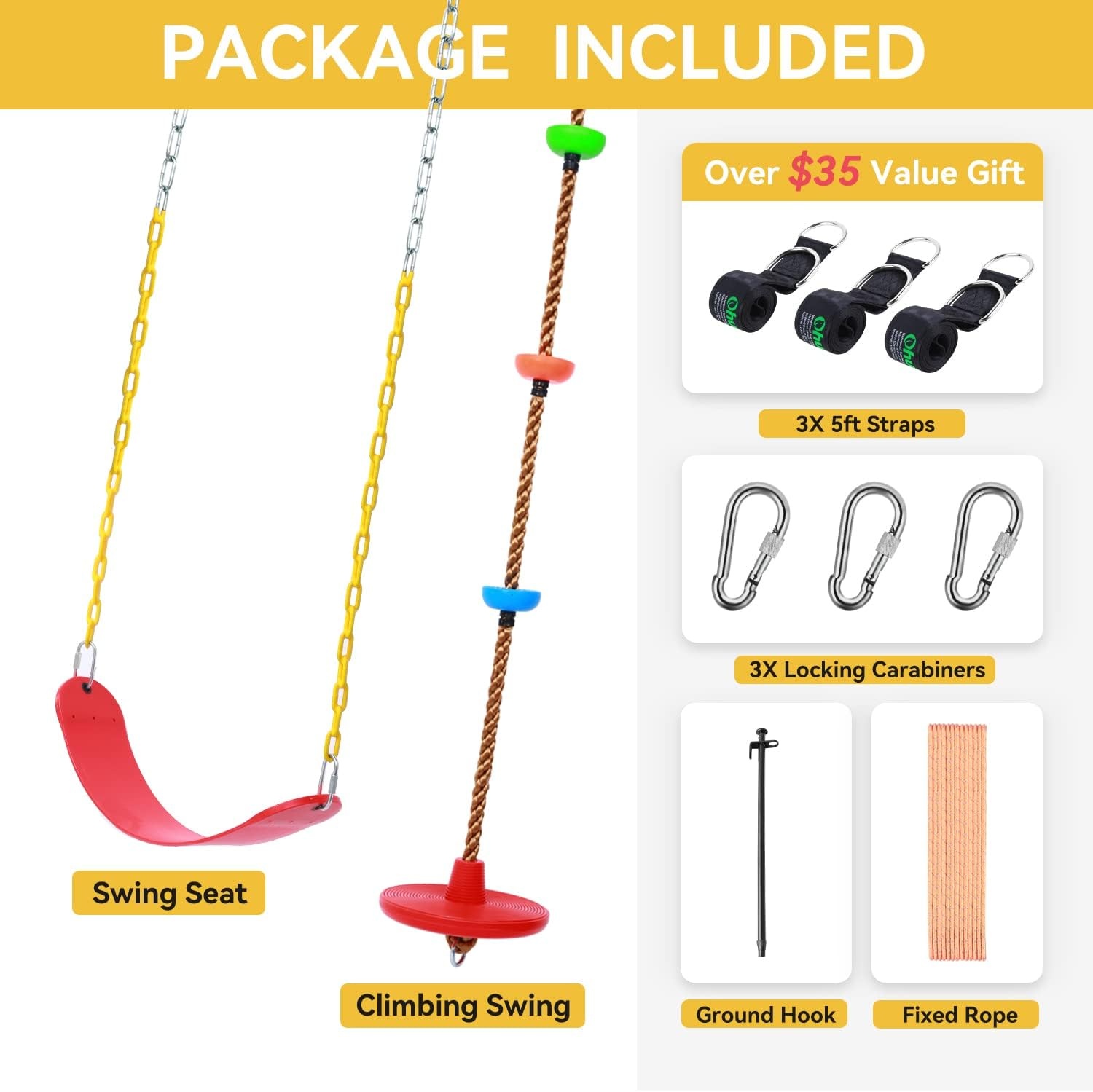 image:imageOhuhu 2 Pack Swing Set for Tree Heavy Duty Swing Seat amp Climbing Rope Disc Swing Outdoor Playground Backyard Flying Swing Toys for Kids Adults Swingset Accessories Included Snap Hook amp Strap
