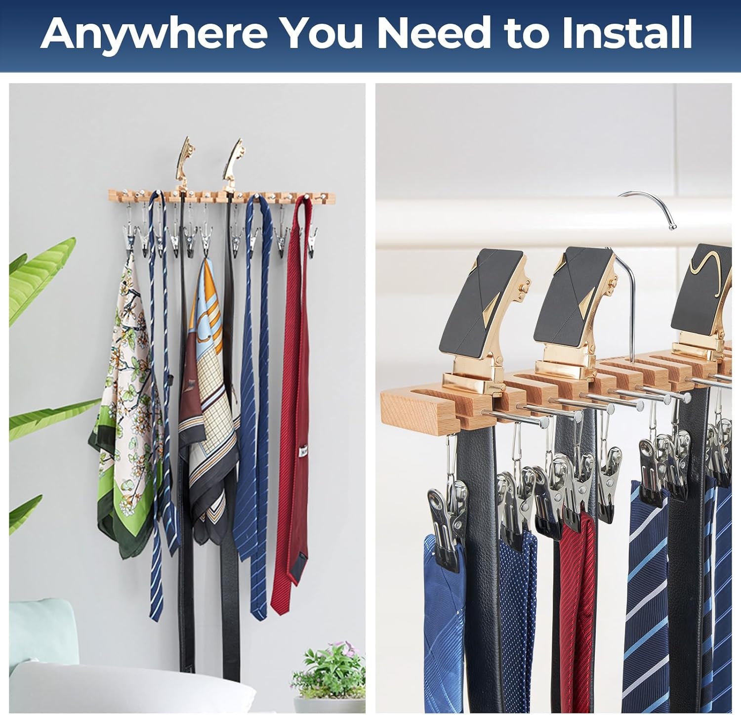 image:imageOhuhu 3 in 1 Belt Hanger Tie Rack Hat Organize for Closet Storage with 14 Belt Slots 12 Tie Hangers 12 Hat Clips Wall Mount Belt Display Space Saver for Men Women Belt Tie Hat Accessories