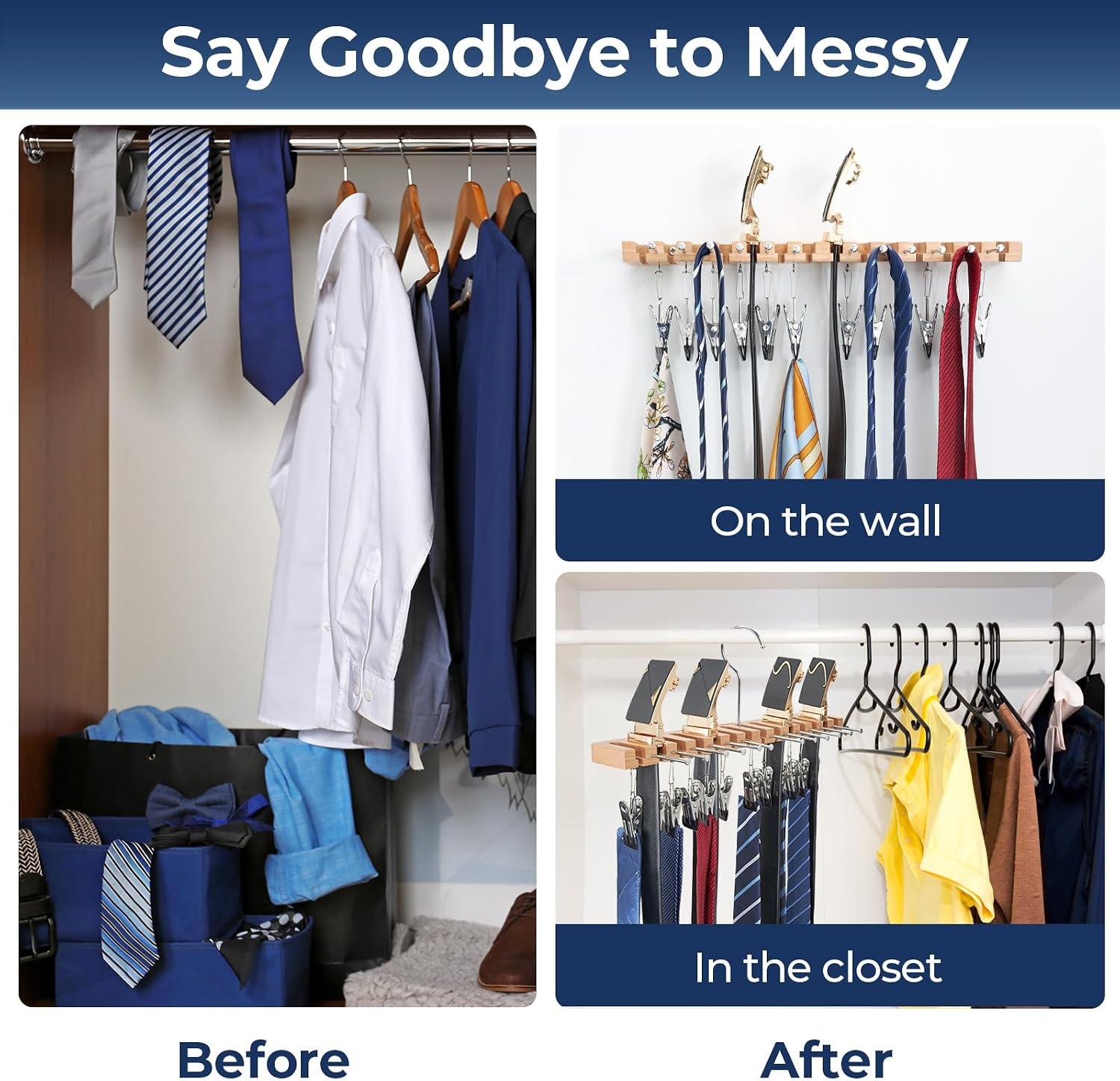 image:imageOhuhu 3 in 1 Belt Hanger Tie Rack Hat Organize for Closet Storage with 14 Belt Slots 12 Tie Hangers 12 Hat Clips Wall Mount Belt Display Space Saver for Men Women Belt Tie Hat Accessories