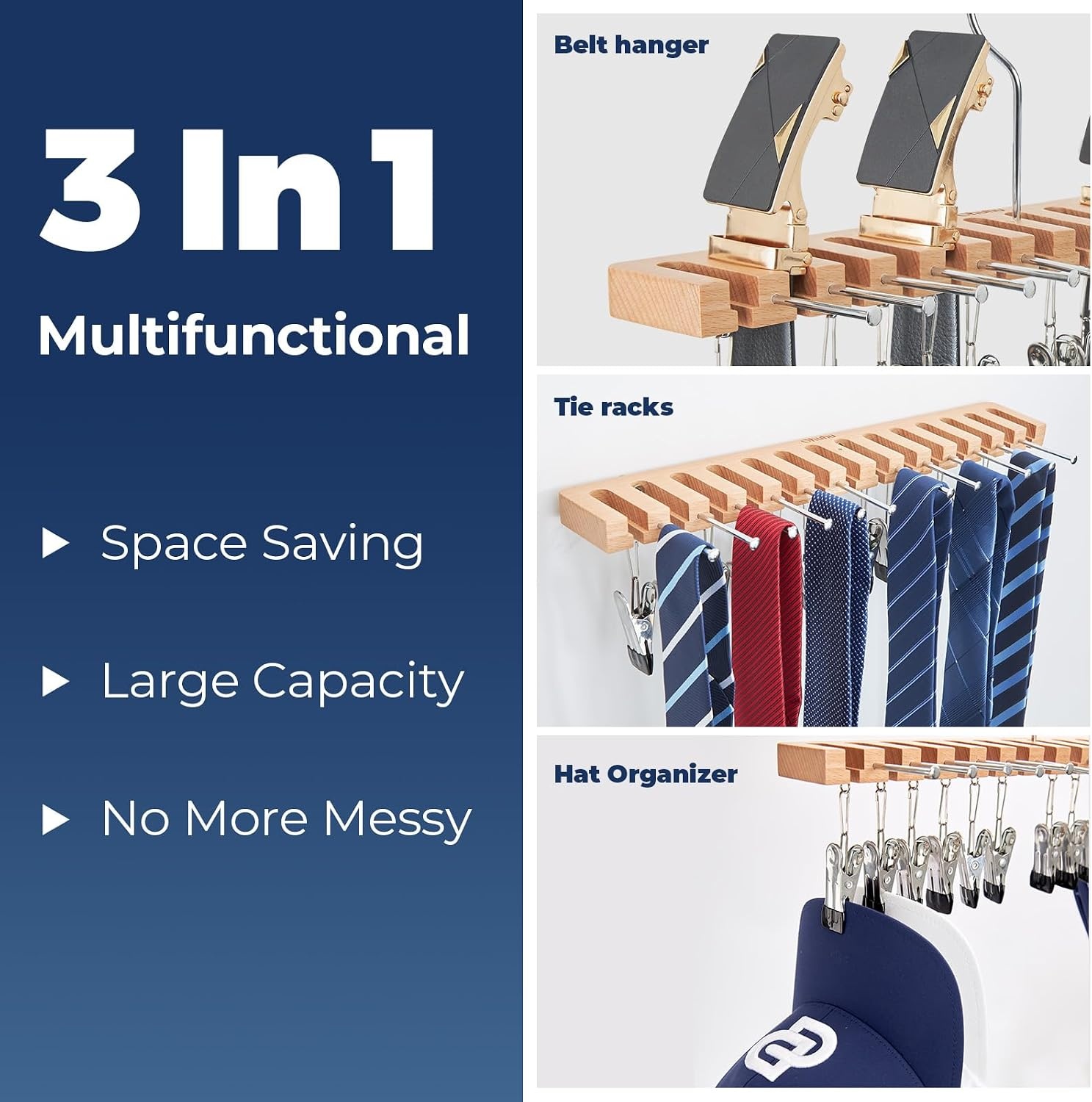 image:imageOhuhu 3 in 1 Belt Hanger Tie Rack Hat Organize for Closet Storage with 14 Belt Slots 12 Tie Hangers 12 Hat Clips Wall Mount Belt Display Space Saver for Men Women Belt Tie Hat Accessories