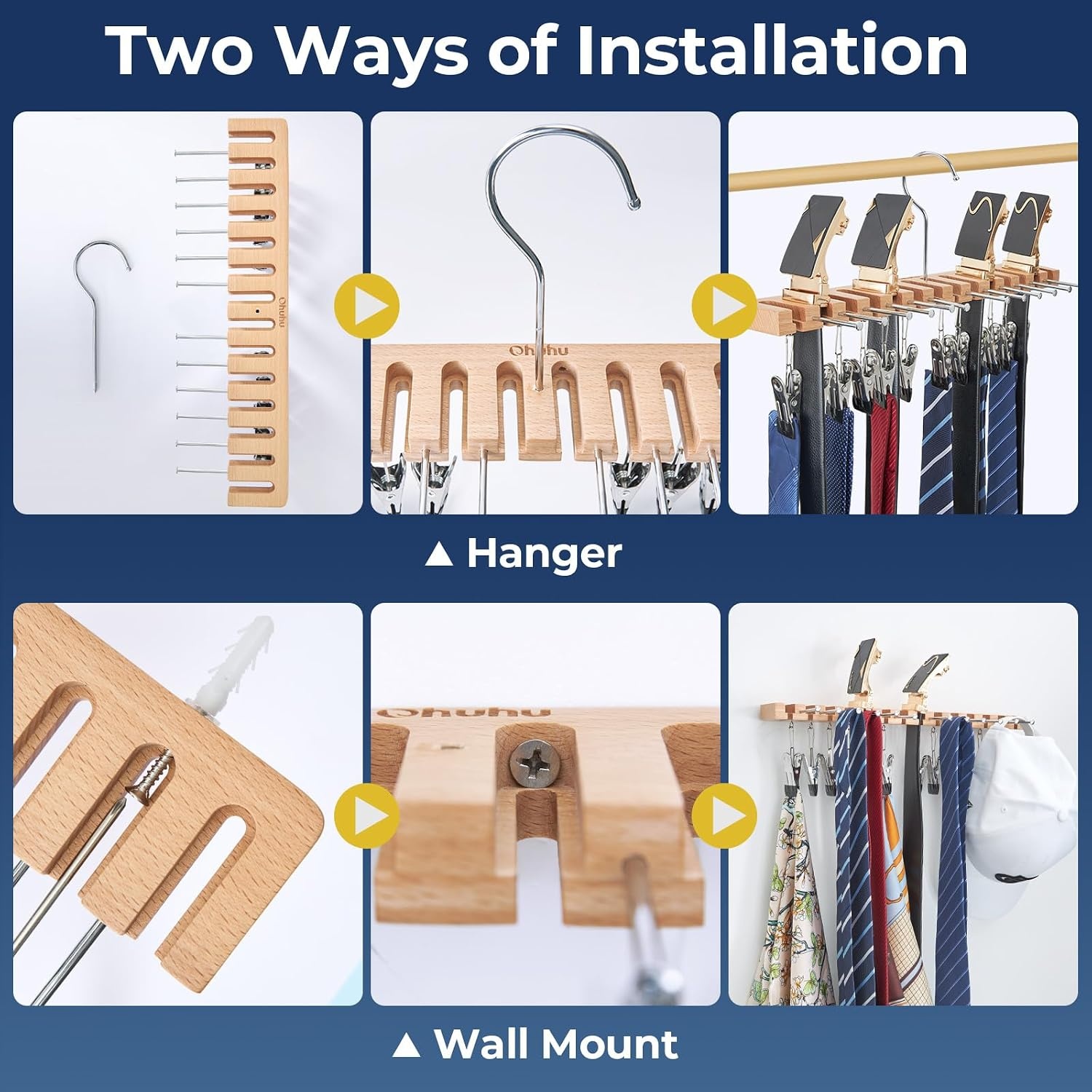 image:imageOhuhu 3 in 1 Belt Hanger Tie Rack Hat Organize for Closet Storage with 14 Belt Slots 12 Tie Hangers 12 Hat Clips Wall Mount Belt Display Space Saver for Men Women Belt Tie Hat Accessories