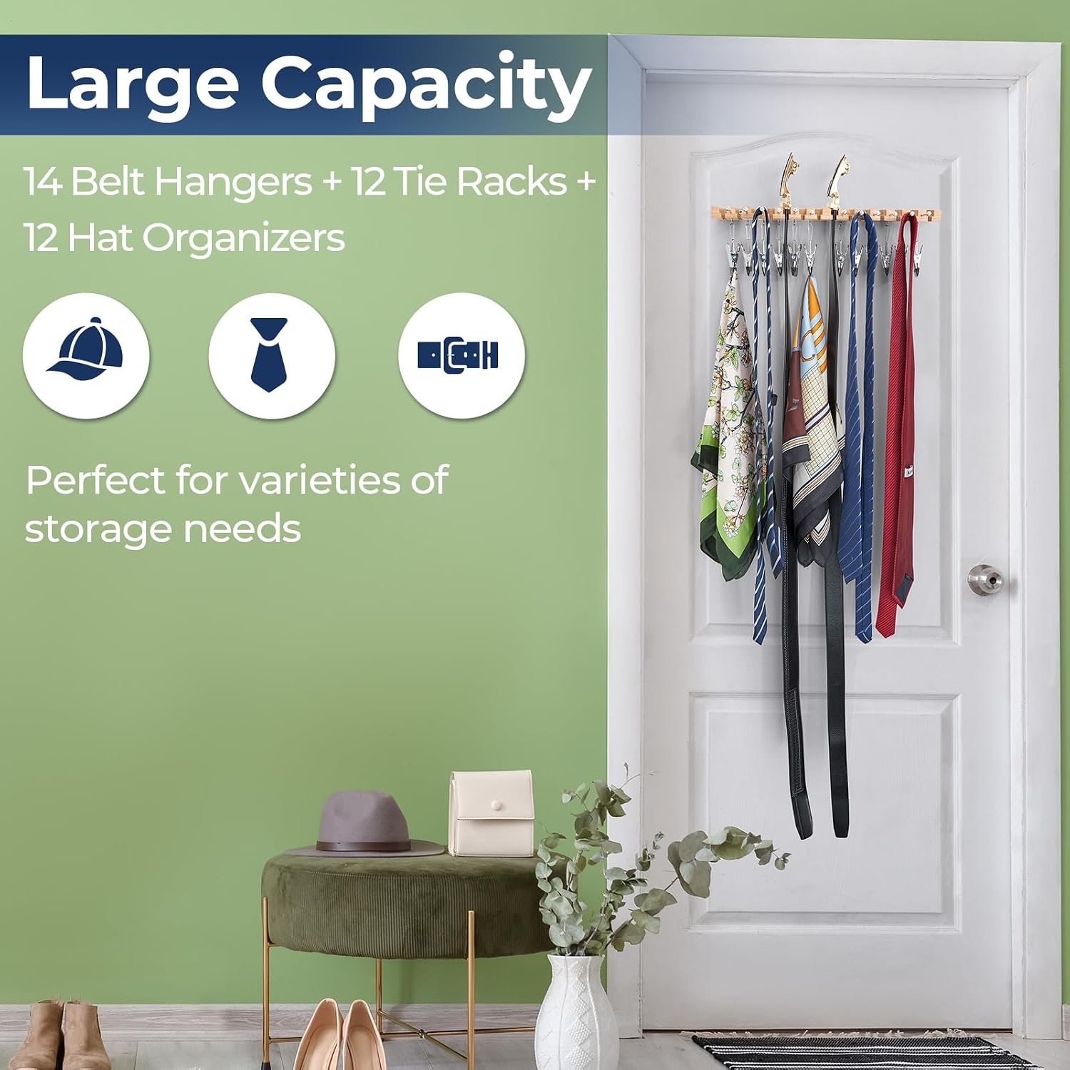image:imageOhuhu 3 in 1 Belt Hanger Tie Rack Hat Organize for Closet Storage with 14 Belt Slots 12 Tie Hangers 12 Hat Clips Wall Mount Belt Display Space Saver for Men Women Belt Tie Hat Accessories