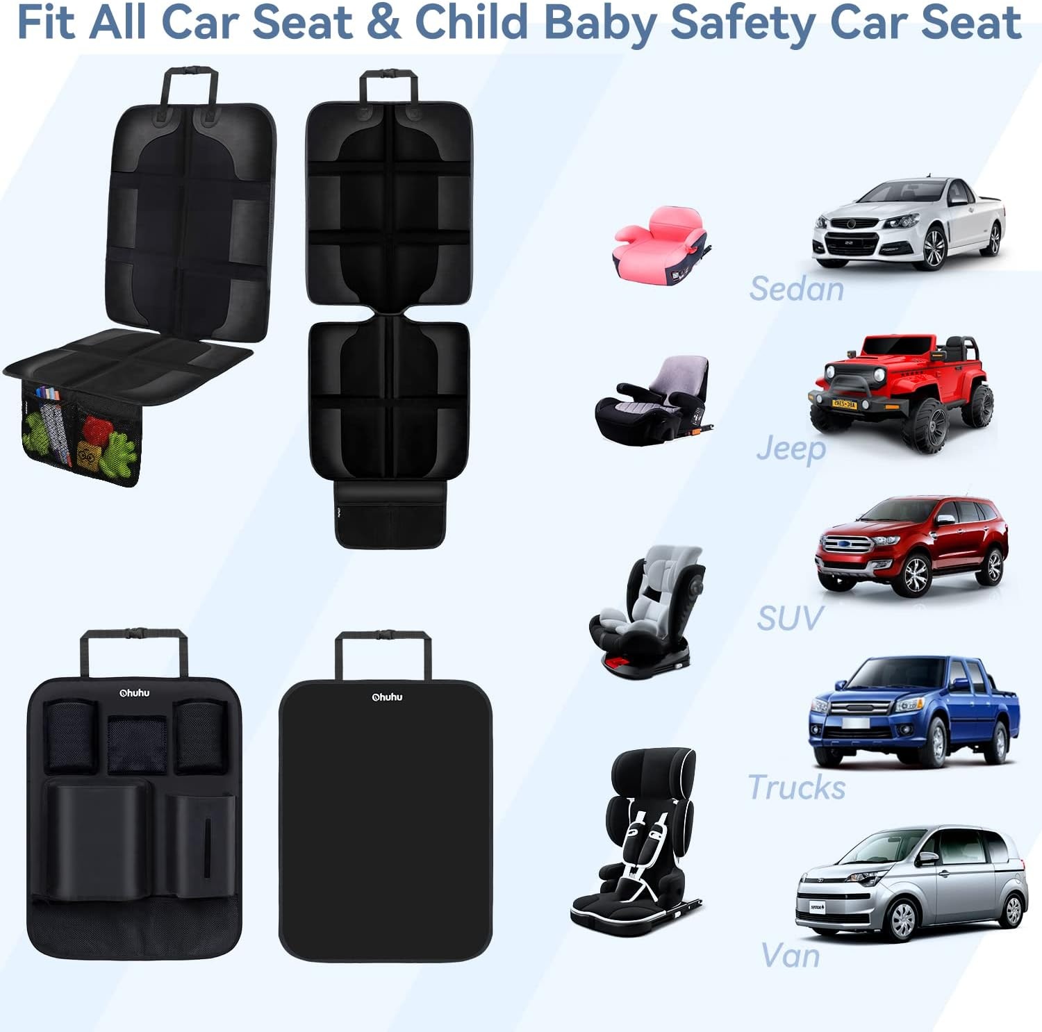 image:imageOhuhu 4 Packs Baby Child Car Seat Protectors and Kick Mat Car Back Seat Cover 2 Sets Auto Seat Cover for Carseats and Kids Kick Mats with Backseat Organizer