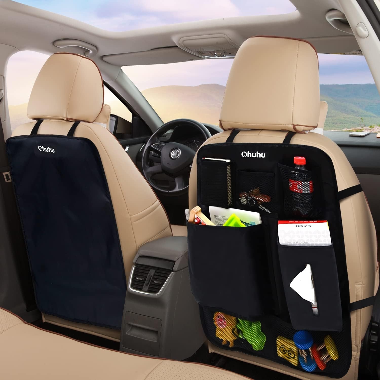 image:imageOhuhu 4 Packs Baby Child Car Seat Protectors and Kick Mat Car Back Seat Cover 2 Sets Auto Seat Cover for Carseats and Kids Kick Mats with Backseat Organizer