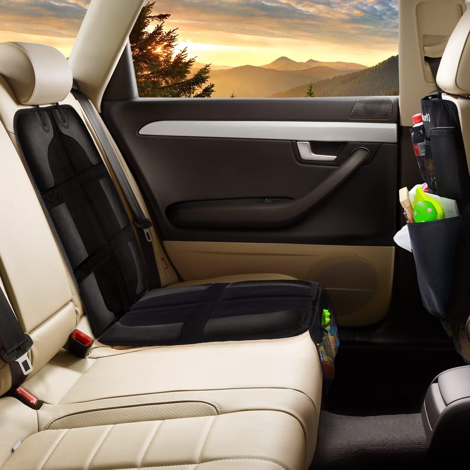 image:imageOhuhu 4 Packs Baby Child Car Seat Protectors and Kick Mat Car Back Seat Cover 2 Sets Auto Seat Cover for Carseats and Kids Kick Mats with Backseat Organizer
