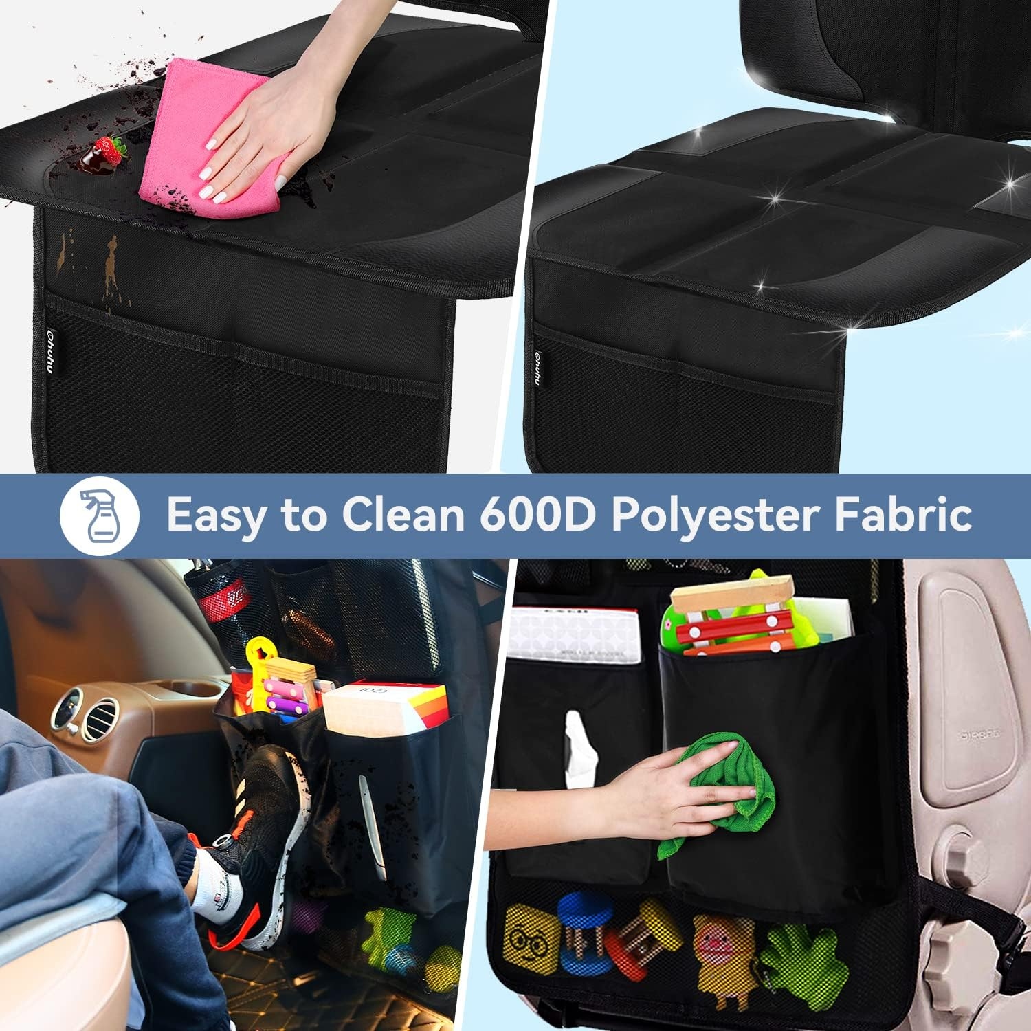 image:imageOhuhu 4 Packs Baby Child Car Seat Protectors and Kick Mat Car Back Seat Cover 2 Sets Auto Seat Cover for Carseats and Kids Kick Mats with Backseat Organizer