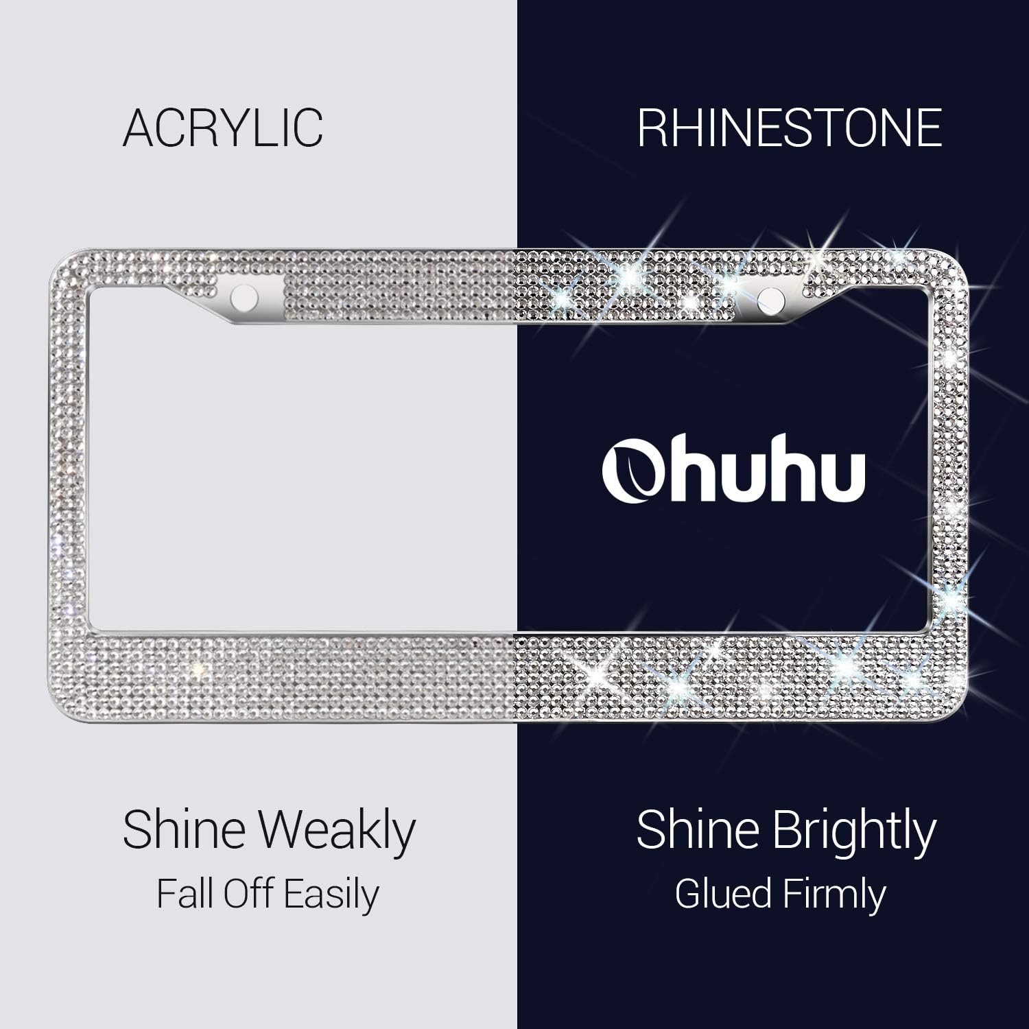 image:imageOhuhu Bling License Plate Frames 2 Pack with Mounting Accessories and Gift Box Luxury Handcrafted Premium Rhinestone Glitter Sparkly License Plate Frame