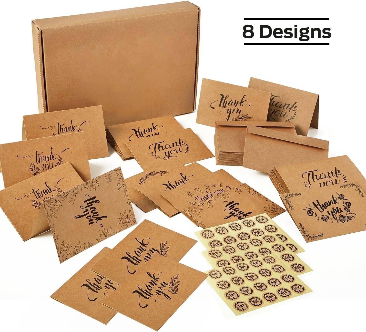 image:imageOhuhu Bulk 104 Thank You Cards Brown Kraft 4x6 Thank You Notes with SelfSeal Envelopes and Stickers Elegant 8 Design Greeting Card for Wedding Shower Business Graduation Birthday