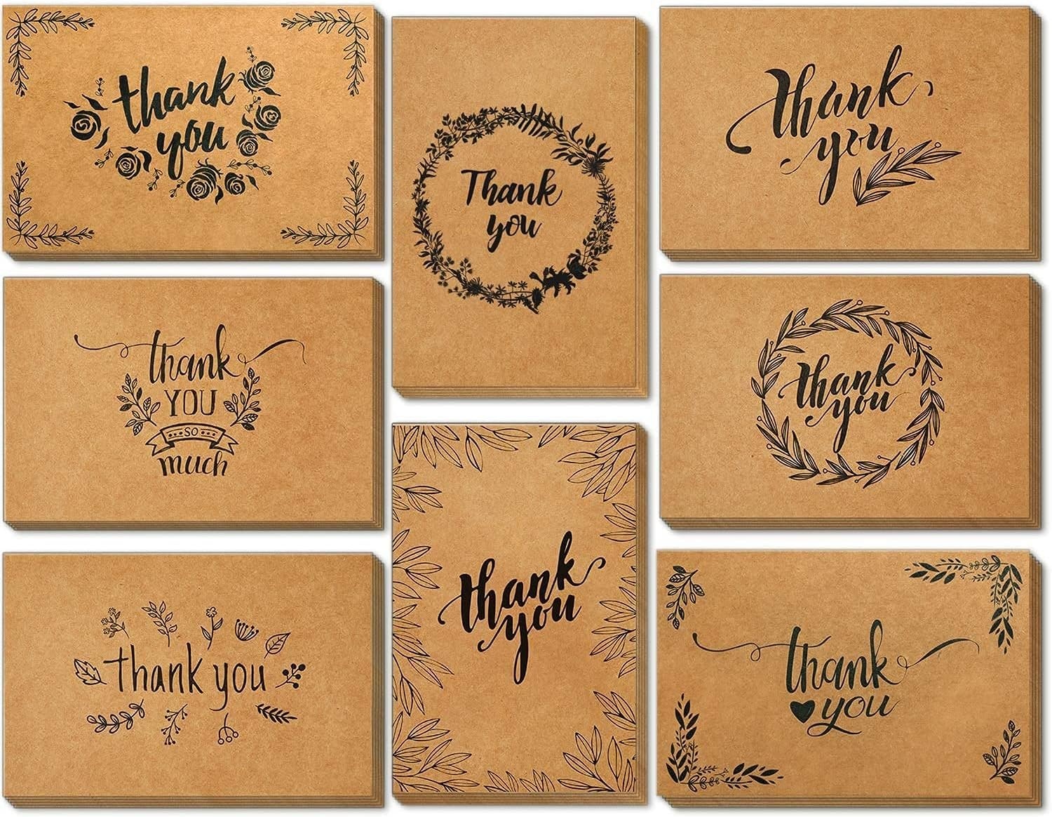 image:imageOhuhu Bulk 104 Thank You Cards Brown Kraft 4x6 Thank You Notes with SelfSeal Envelopes and Stickers Elegant 8 Design Greeting Card for Wedding Shower Business Graduation Birthday