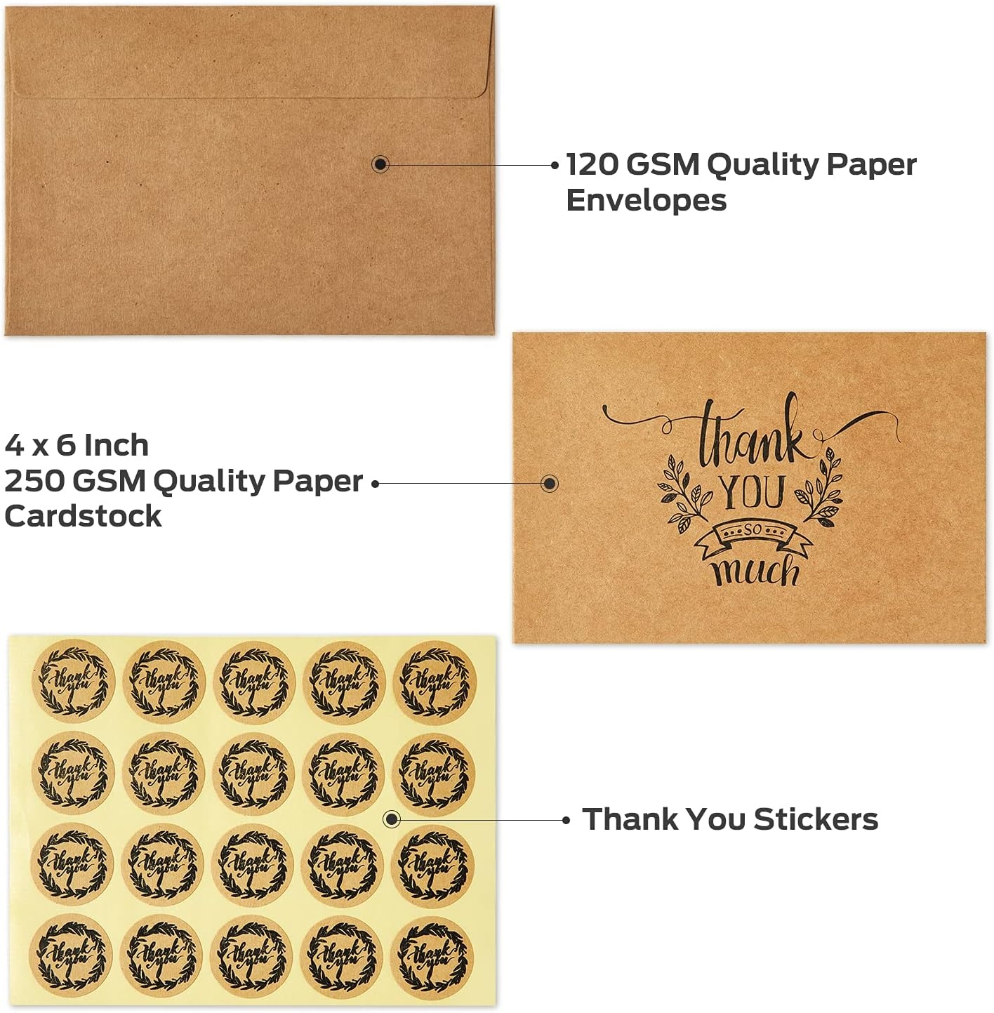 image:imageOhuhu Bulk 104 Thank You Cards Brown Kraft 4x6 Thank You Notes with SelfSeal Envelopes and Stickers Elegant 8 Design Greeting Card for Wedding Shower Business Graduation Birthday