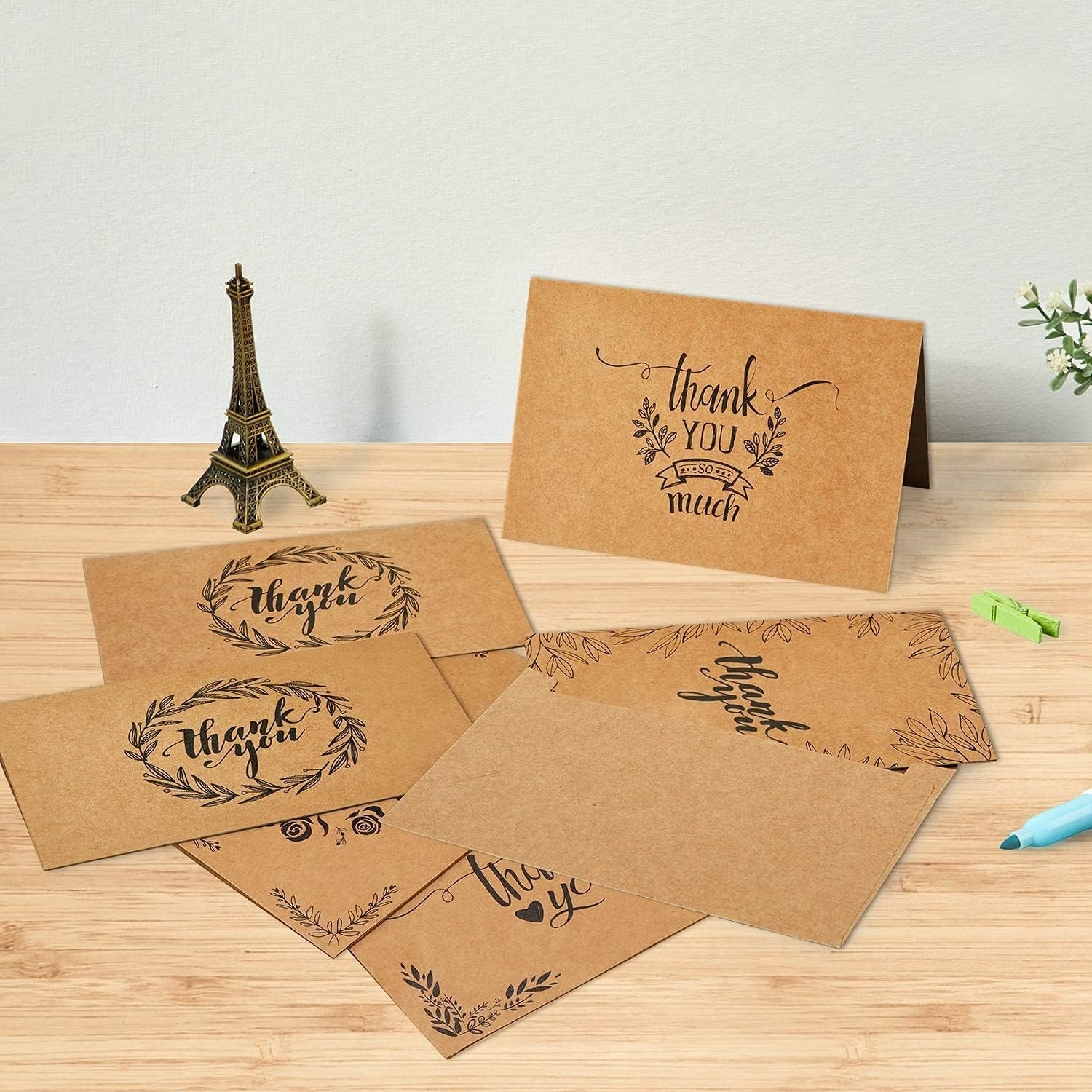 image:imageOhuhu Bulk 104 Thank You Cards Brown Kraft 4x6 Thank You Notes with SelfSeal Envelopes and Stickers Elegant 8 Design Greeting Card for Wedding Shower Business Graduation Birthday