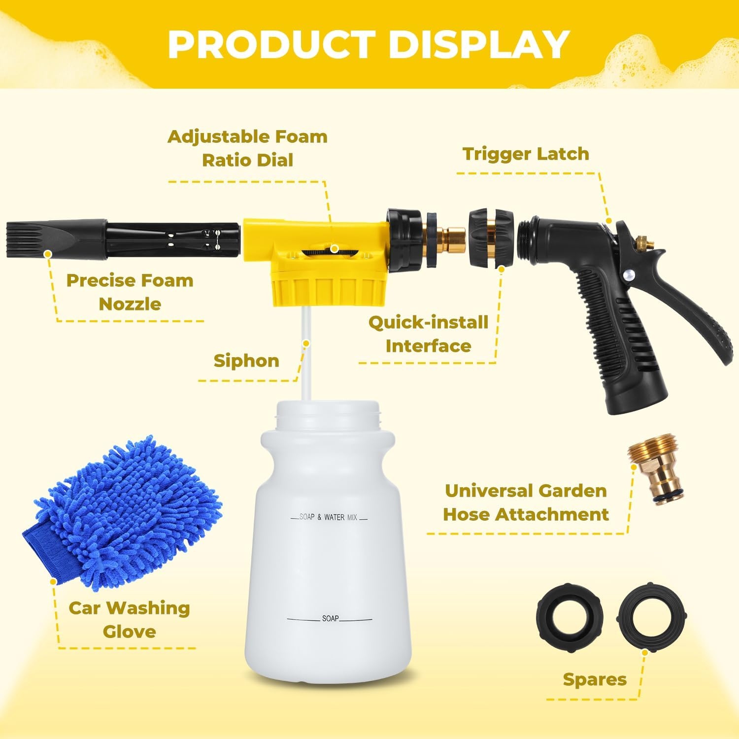 image:imageOhuhu Car Wash Foam Gun Car Wash Soap Sprayer with 38 Connector amp Washing Mitts Dual Filtration 6 Levels of Foam Concentration Quick Connect to Most Garden Hose Yellow