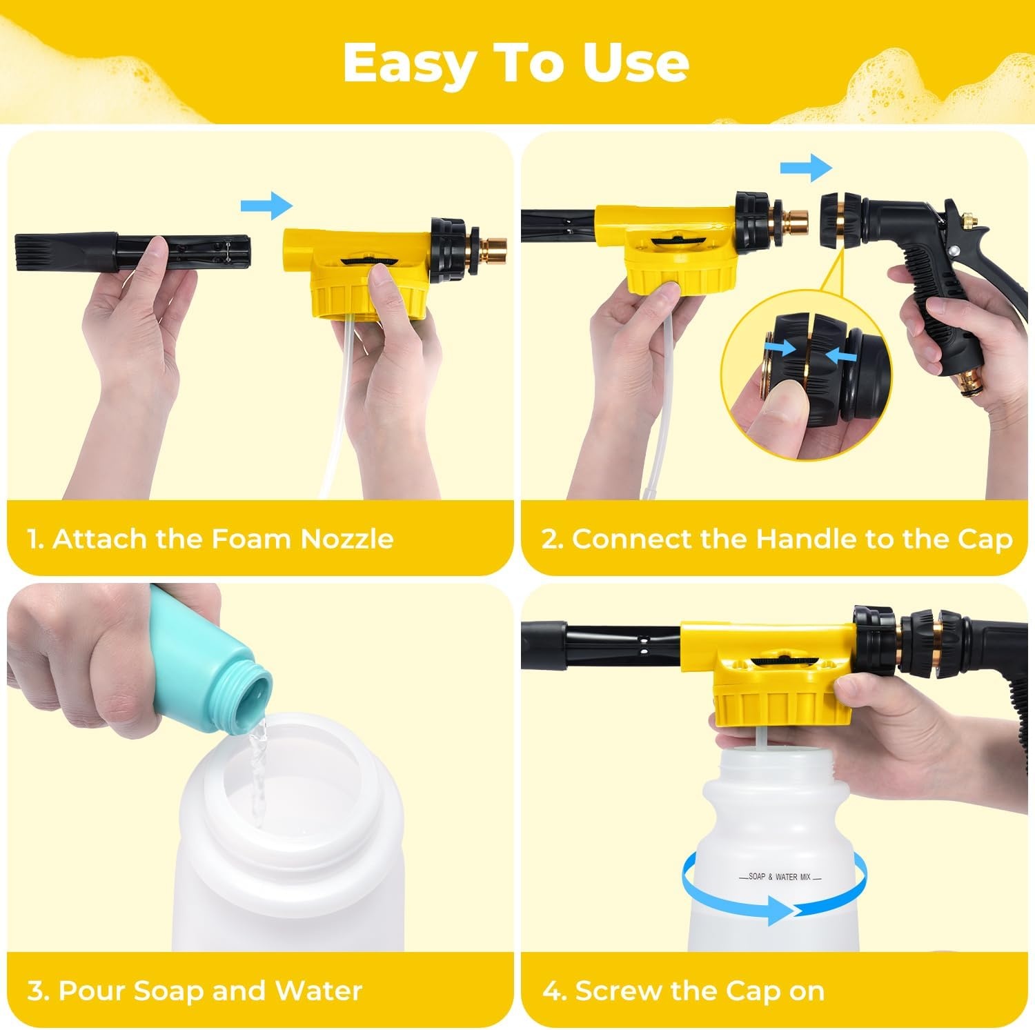 image:imageOhuhu Car Wash Foam Gun Car Wash Soap Sprayer with 38 Connector amp Washing Mitts Dual Filtration 6 Levels of Foam Concentration Quick Connect to Most Garden Hose Yellow