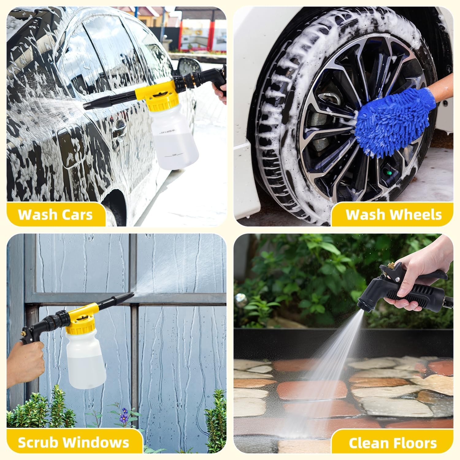 image:imageOhuhu Car Wash Foam Gun Car Wash Soap Sprayer with 38 Connector amp Washing Mitts Dual Filtration 6 Levels of Foam Concentration Quick Connect to Most Garden Hose Yellow